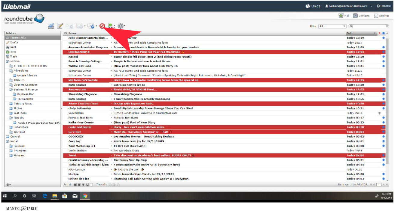 Inbox with Junk emails highlighted and cursor at delete
