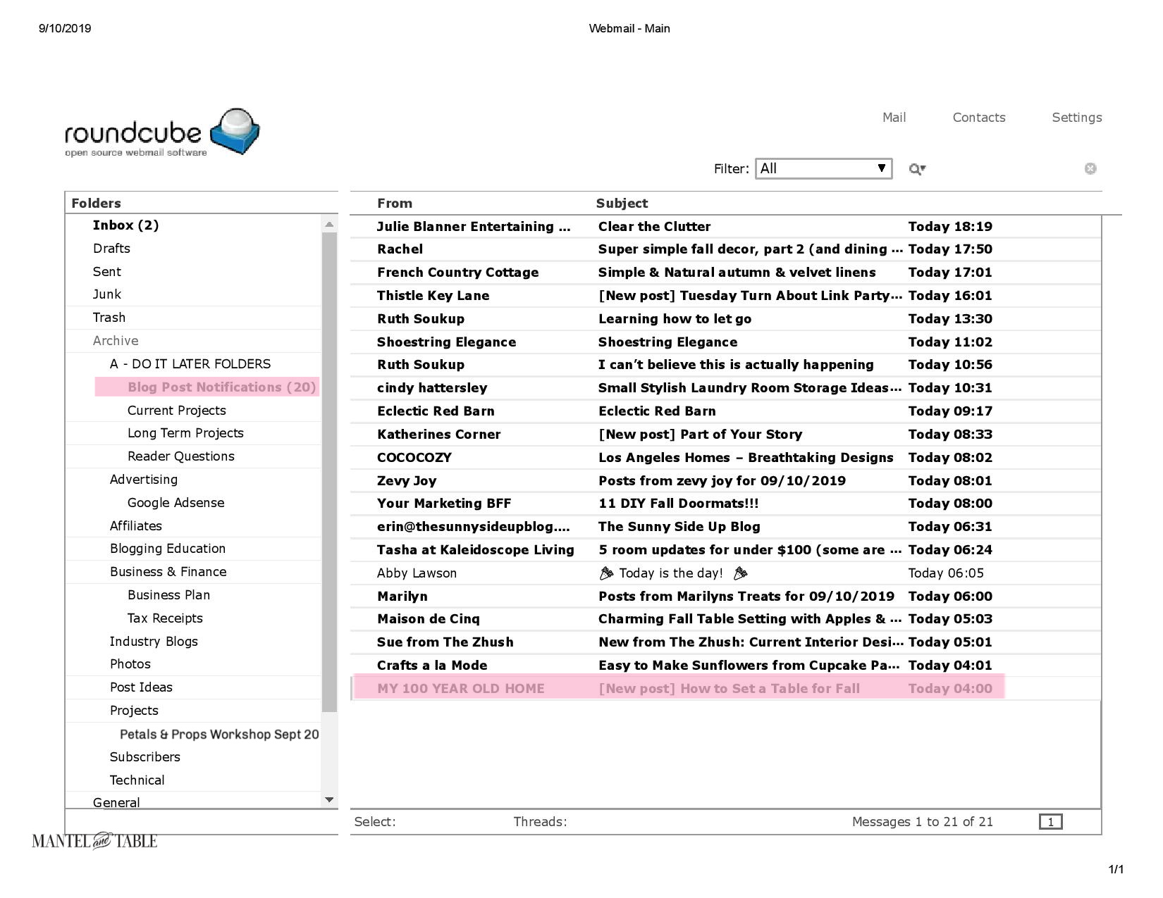 Email management - project folder with blog post notifications