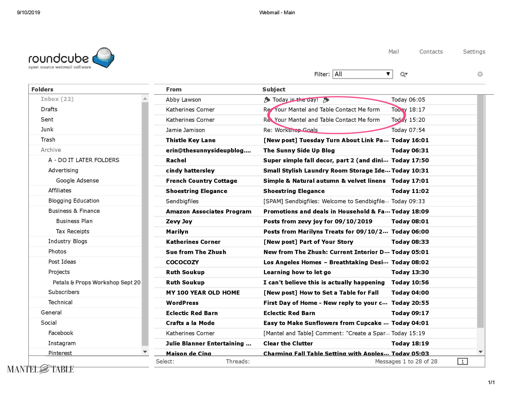 Email management - inbox sorted by subject