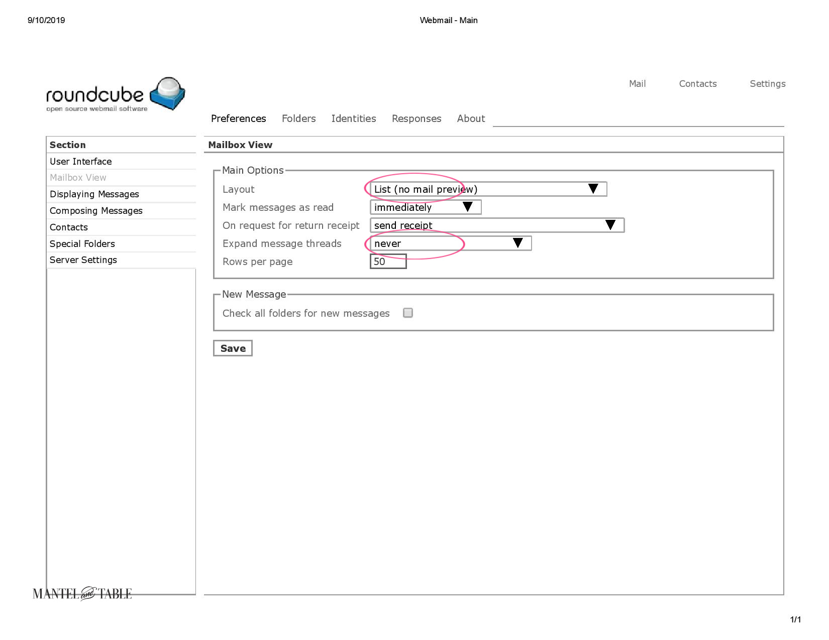 Email management - Email view Set Up screen