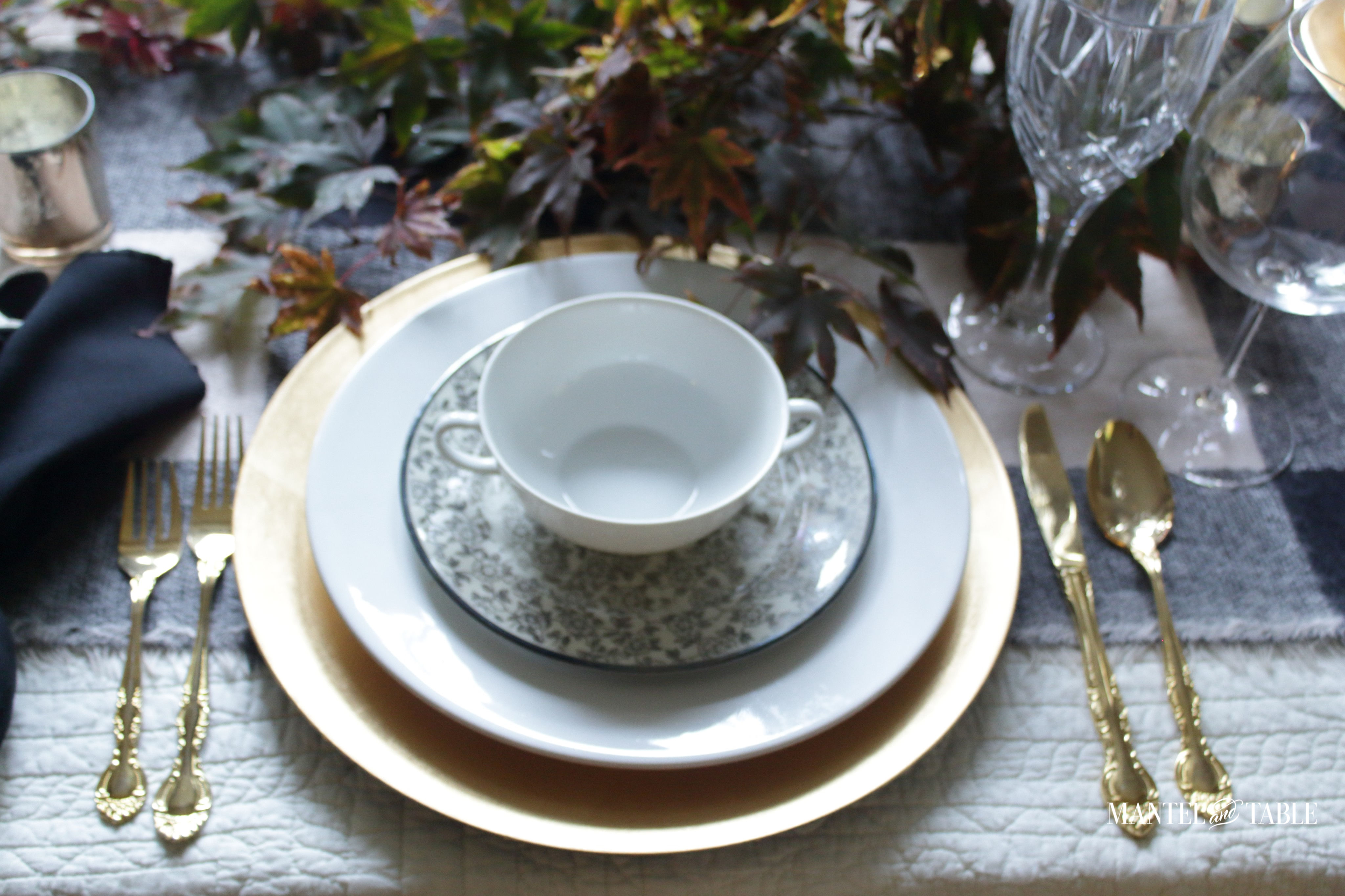 Moody Fall Table view of placesetting with leaves