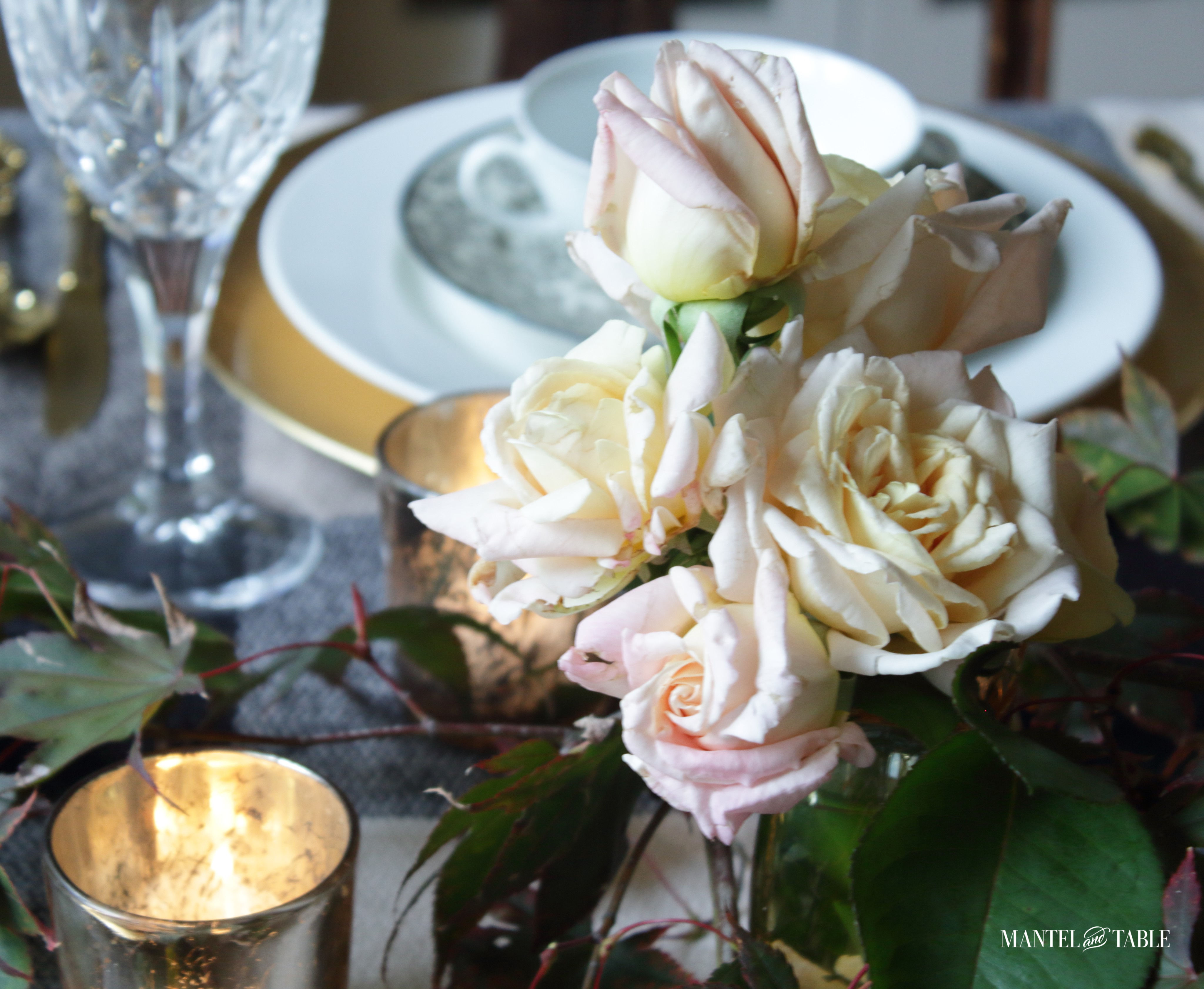 Moody Fall Table view roses and plates behind