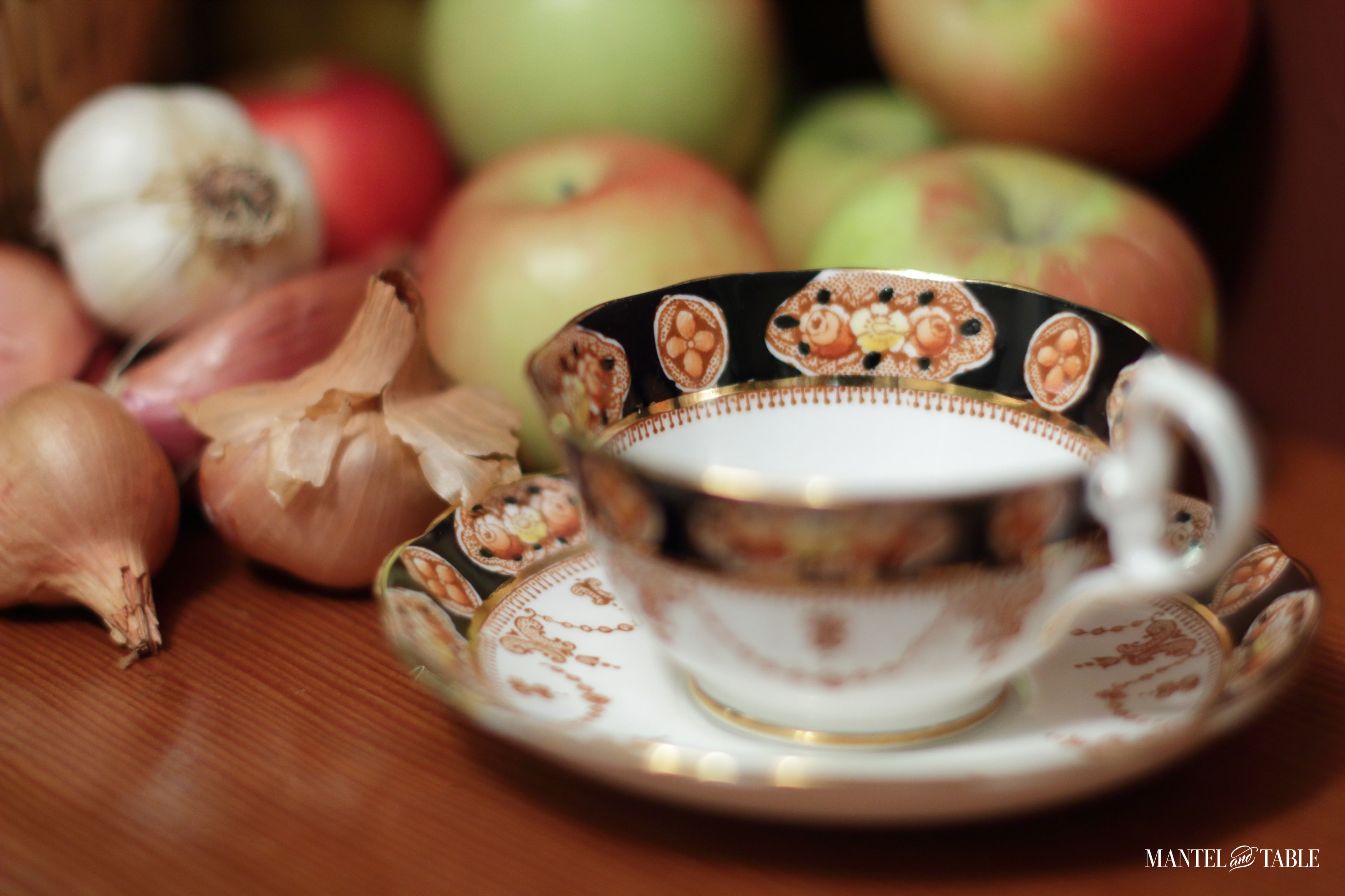 Autumn Teacup, apples, garlic, shallots, onion