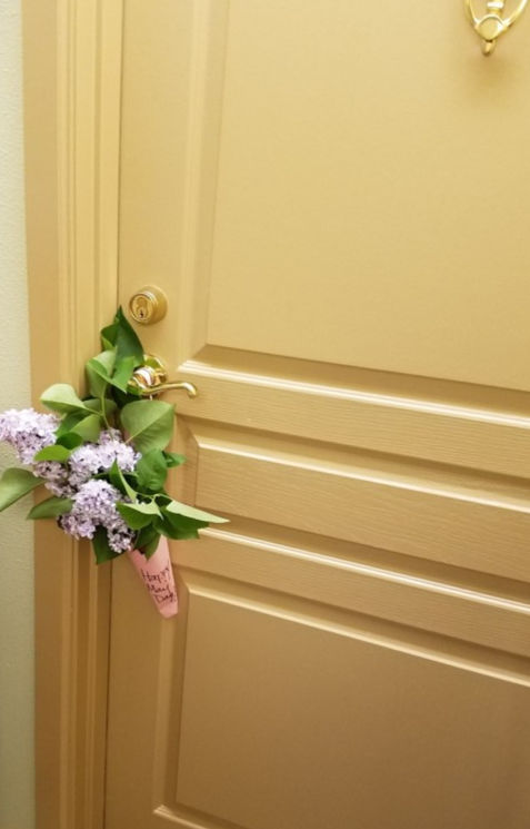 Life Lessons - May Day cone of lilacs hanging on Mom's door