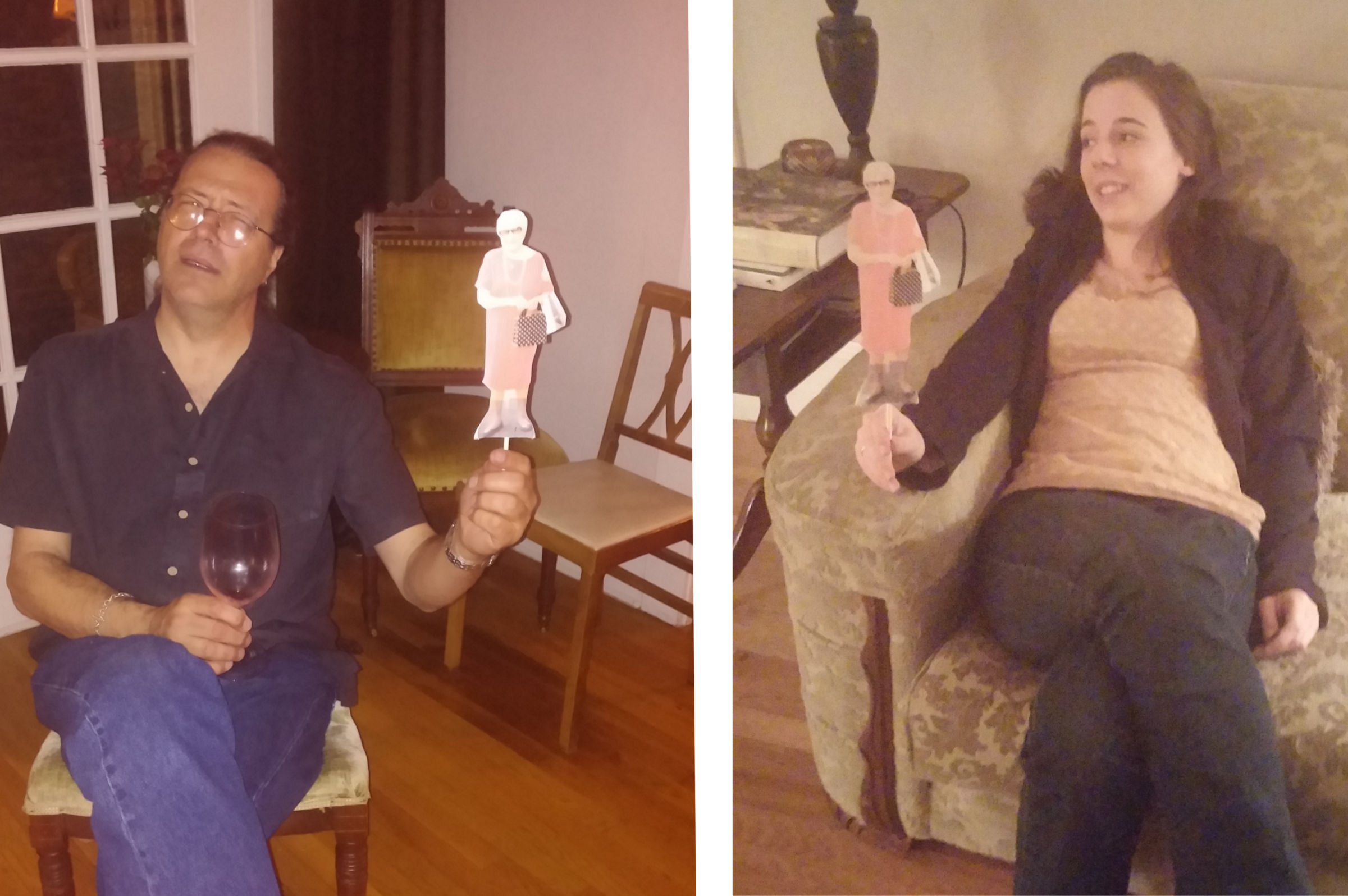 Two photos of party guests with Mom-on-a-Stick