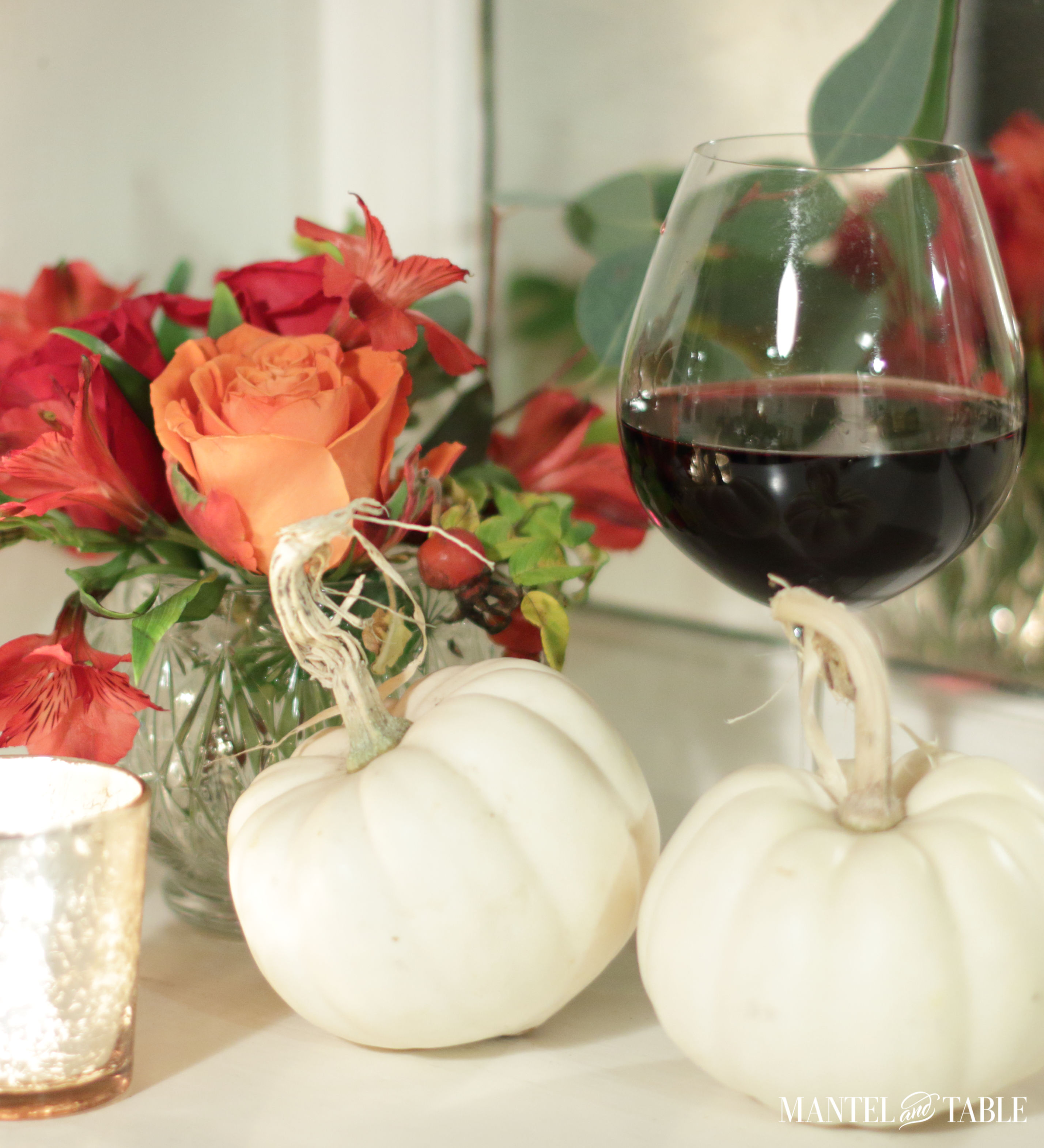 White pumpkin flower arrangement - Pinot Noir wine glass