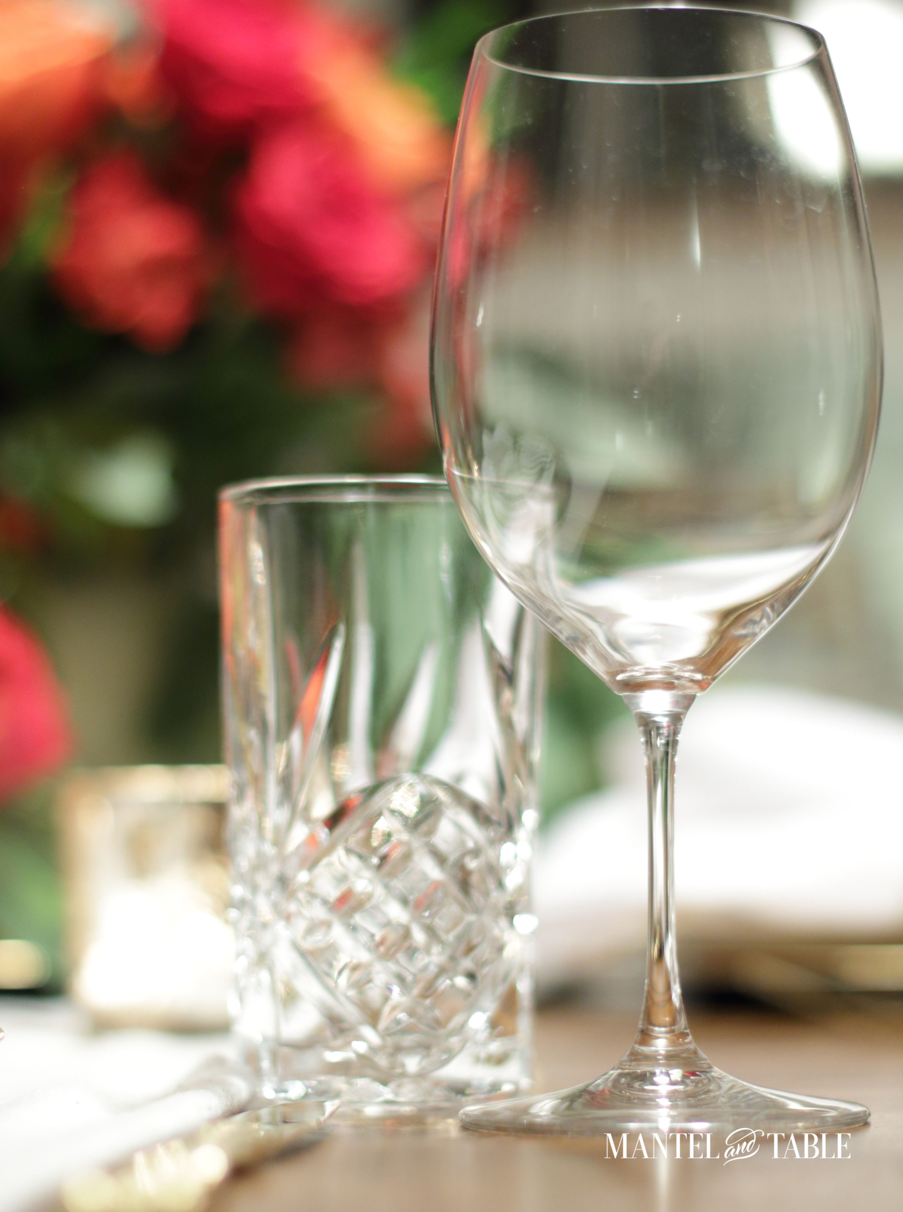 Cut crystal water glass and Reidel wine glass