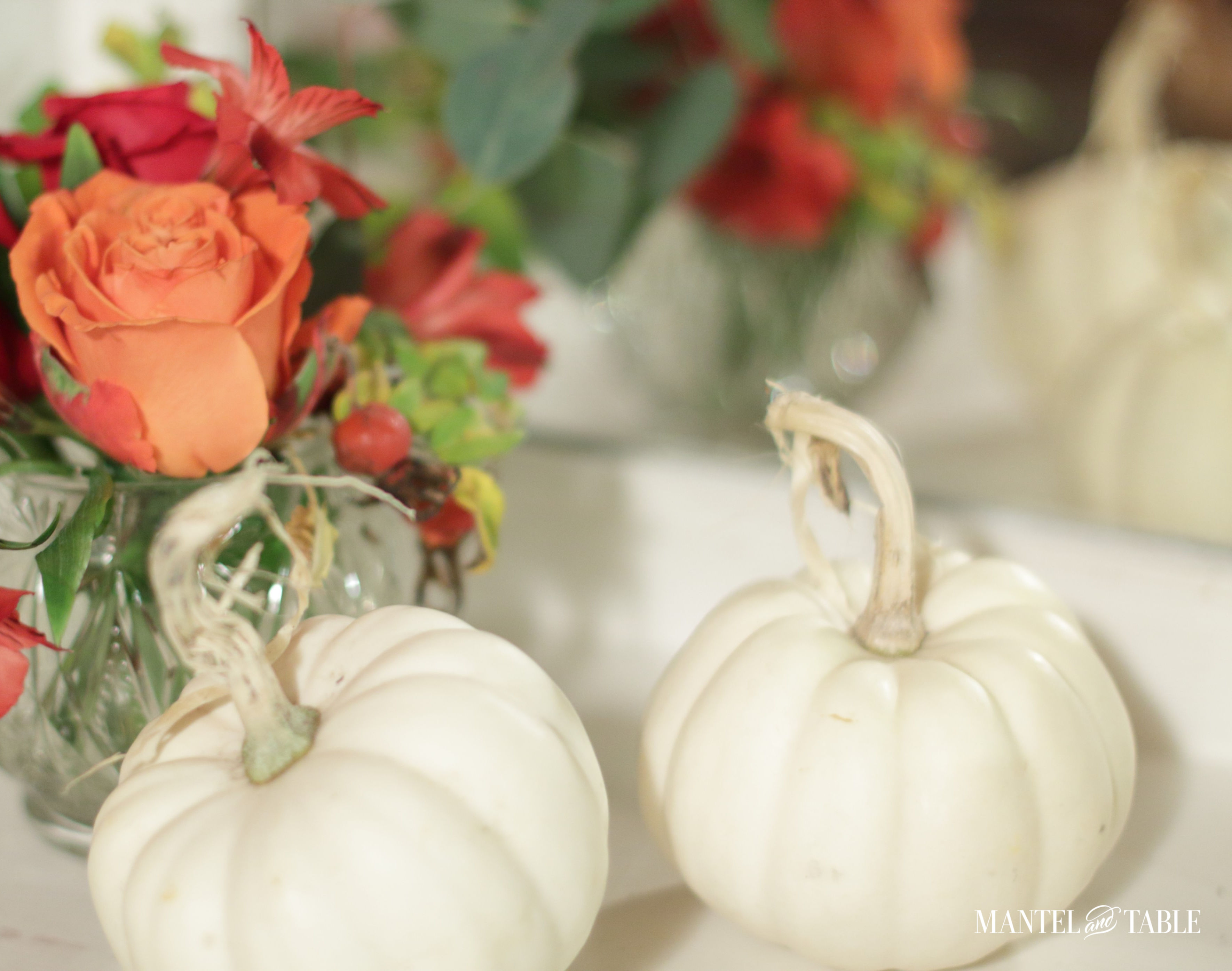 White pumpkin flower arrangement - extra flowers with two small white pumpkins