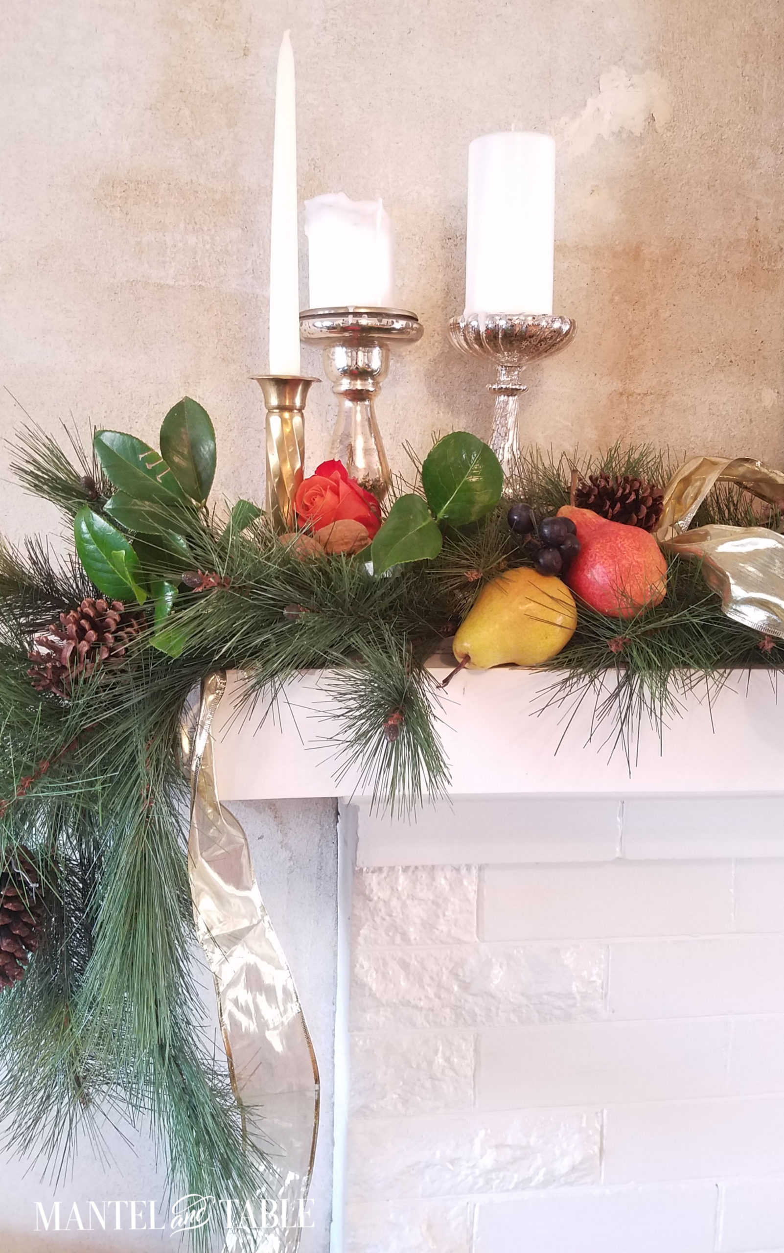 Harvest mantel candleholders & fruit