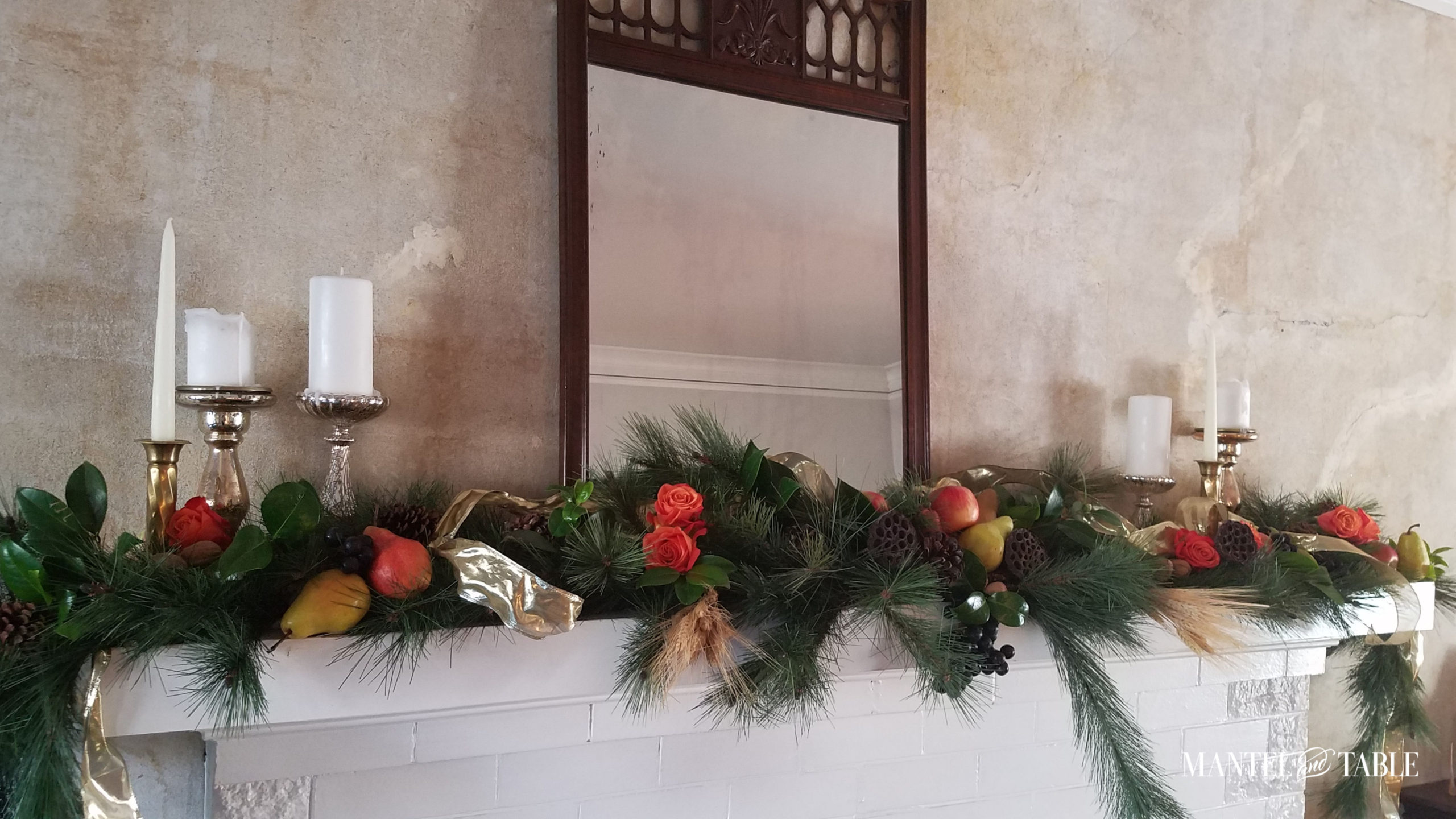 Harvest Mantel with evergreens