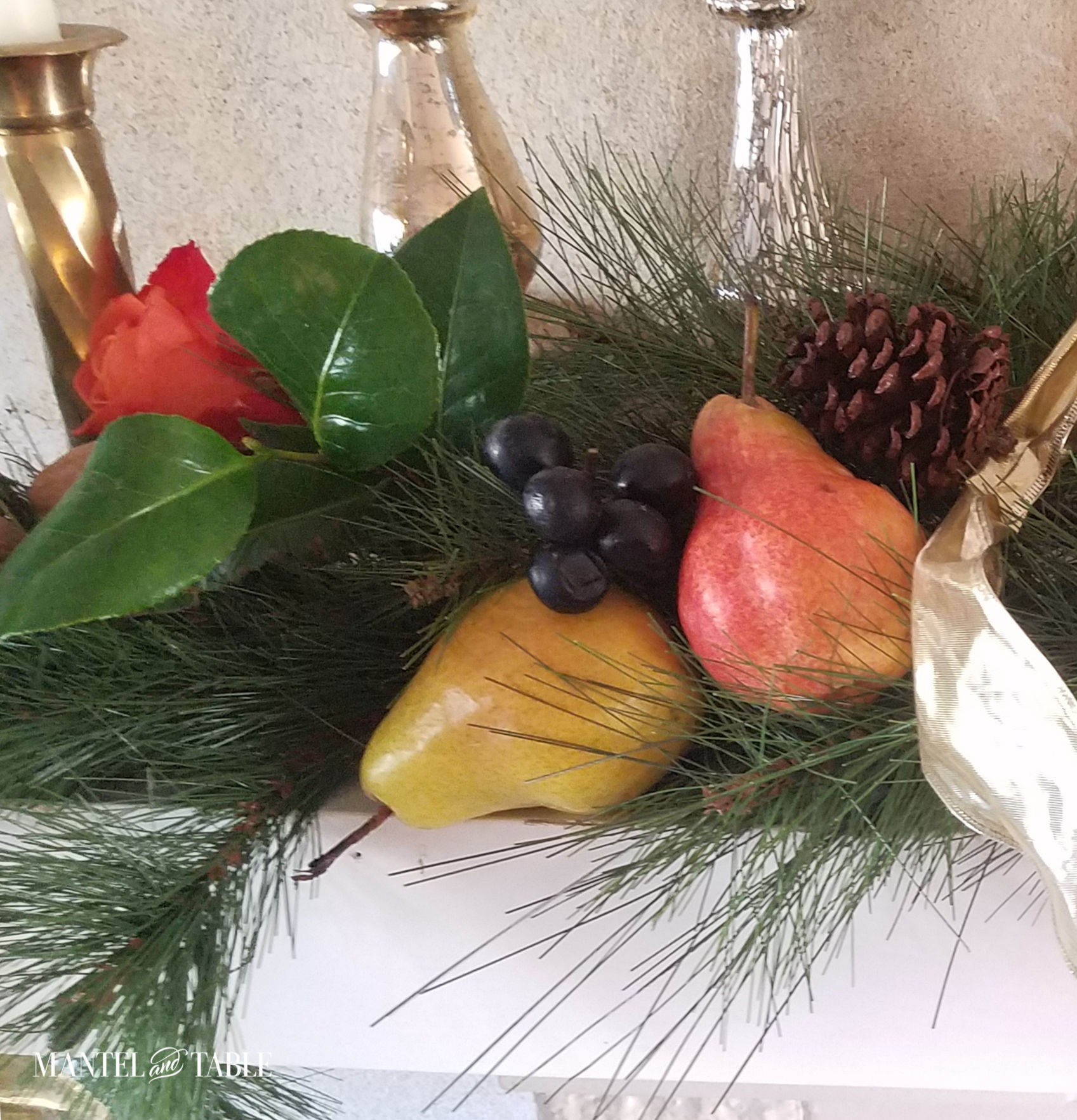 Harvest Mantel fruit and orange rose