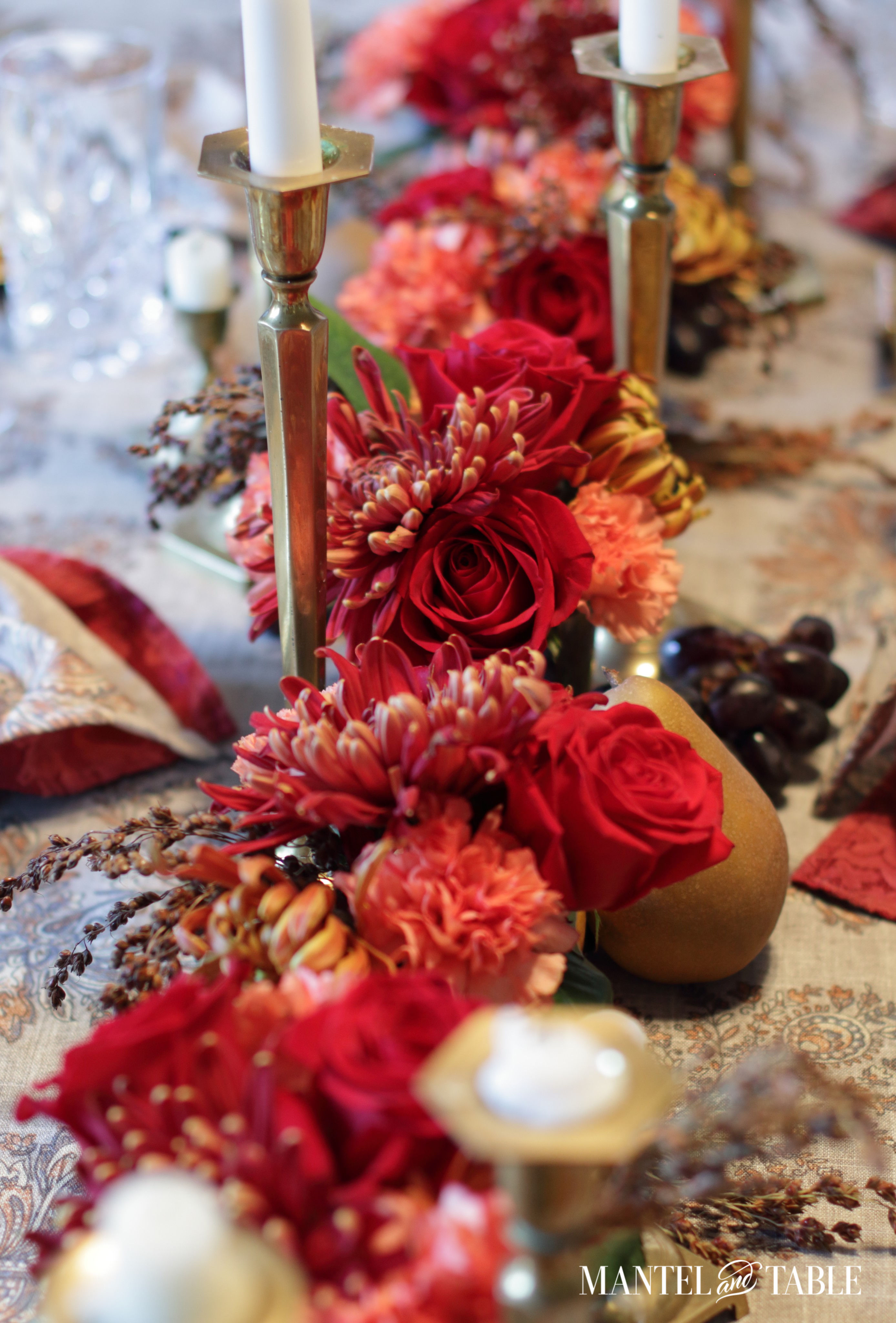 Thanksgiving Tablescape - red roses, fall flower centerpiece close up