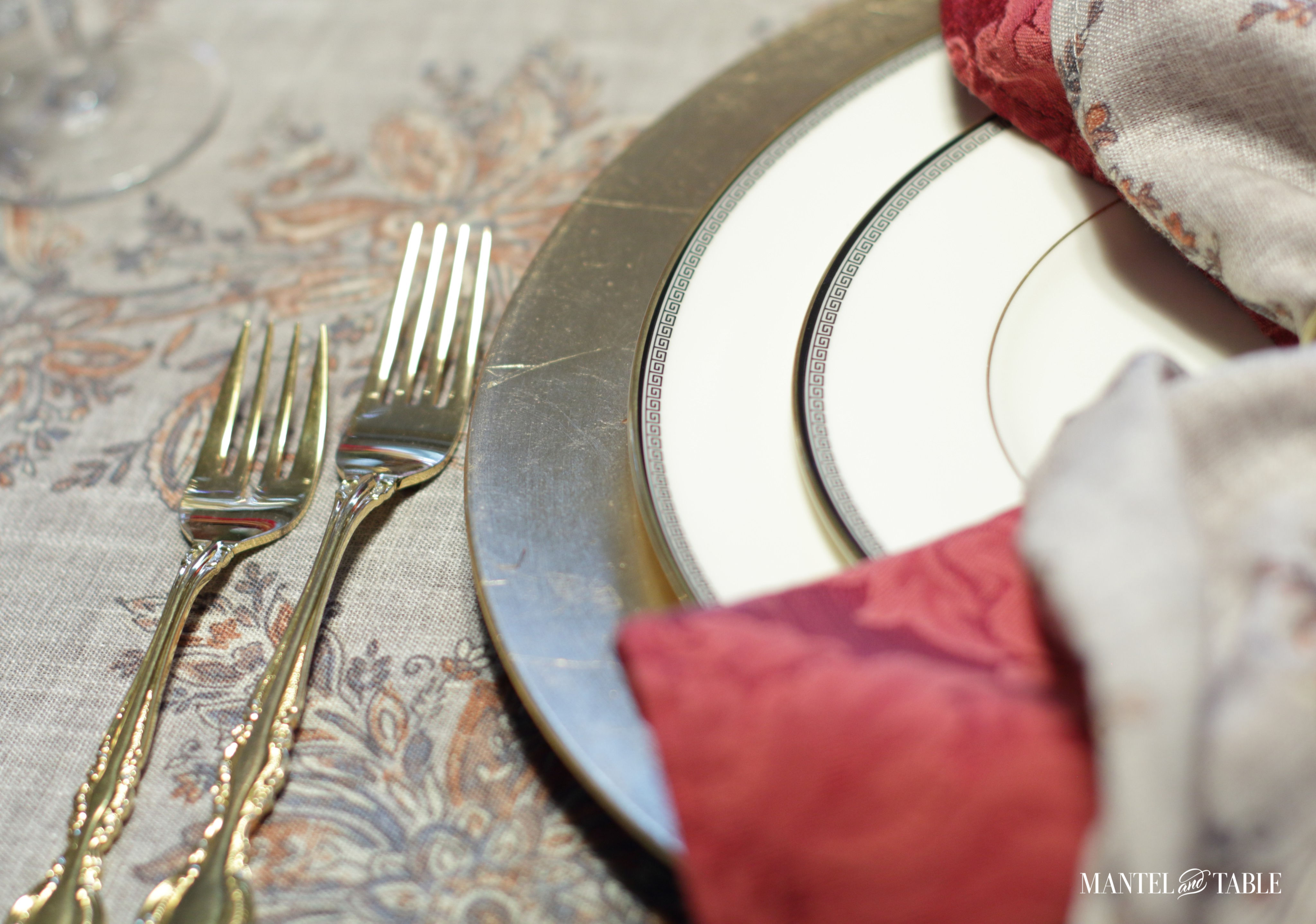 Thanksgiving Tablescape - plate stack & forks closeup