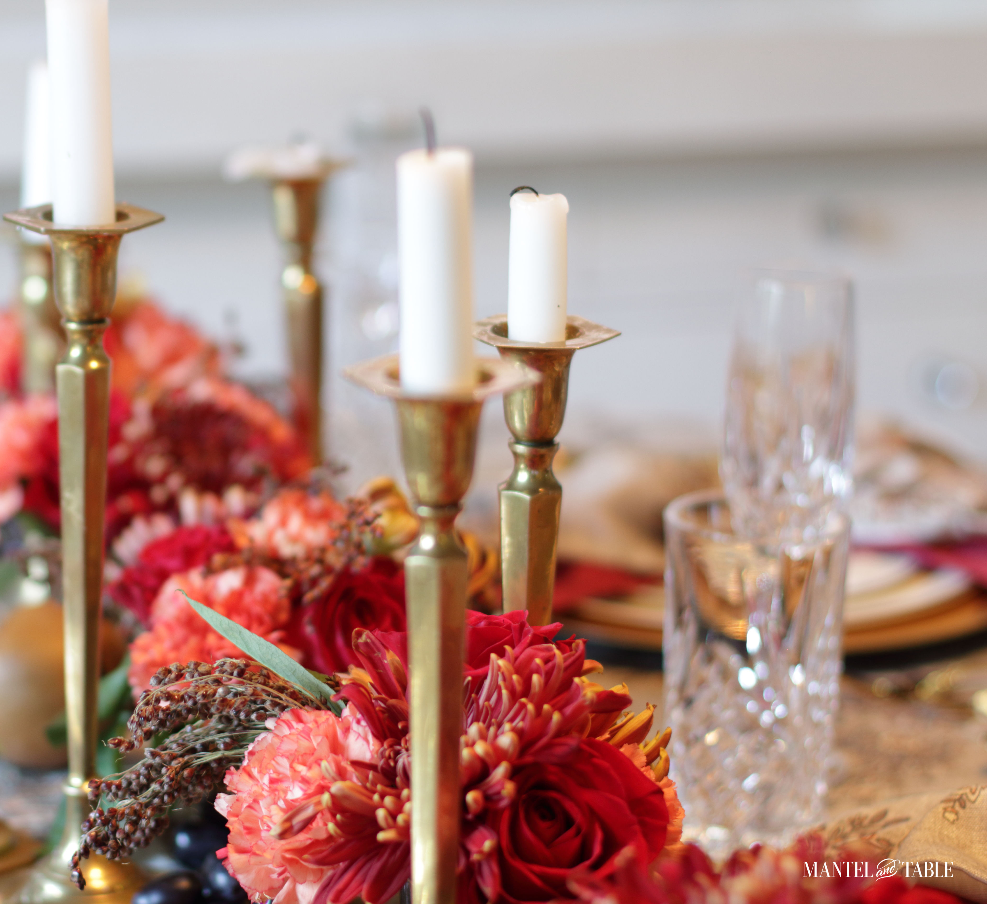 Thanksgiving Tablescape - centerpiece and brass candlesticks