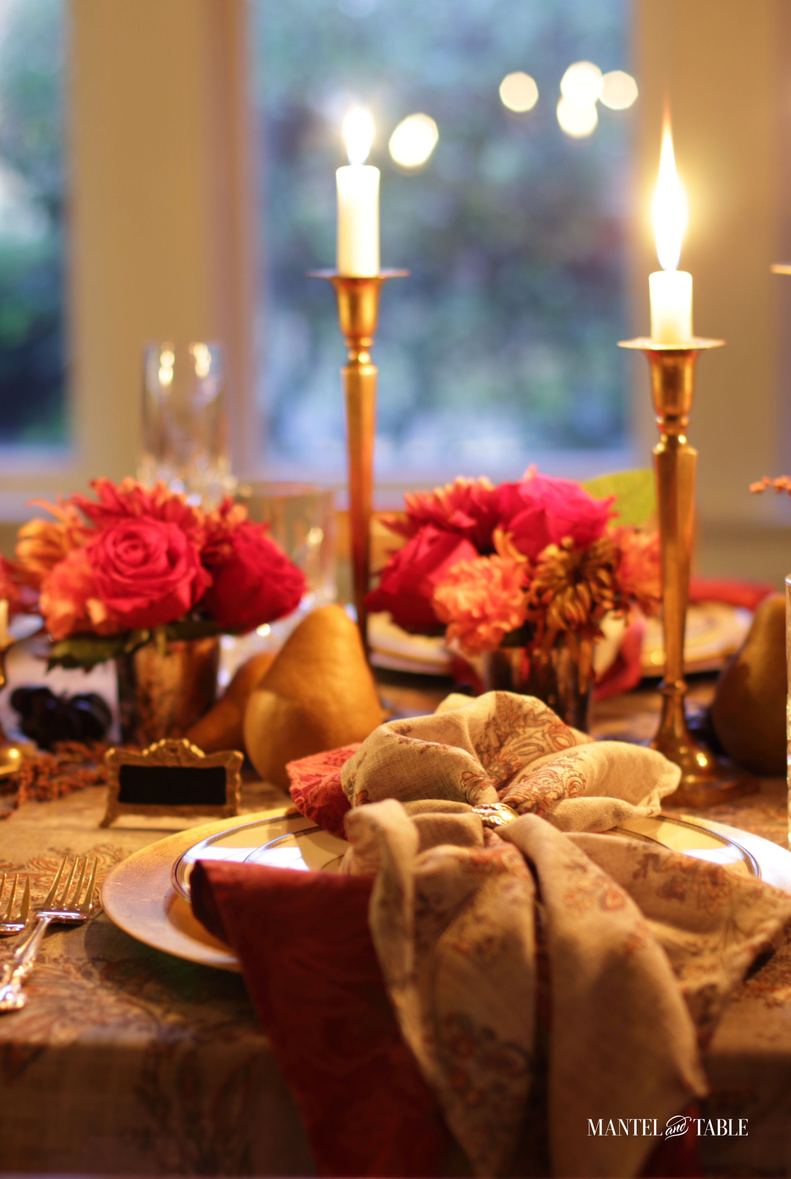 Thanksgiving Tablescape - one place setting with lighted candles
