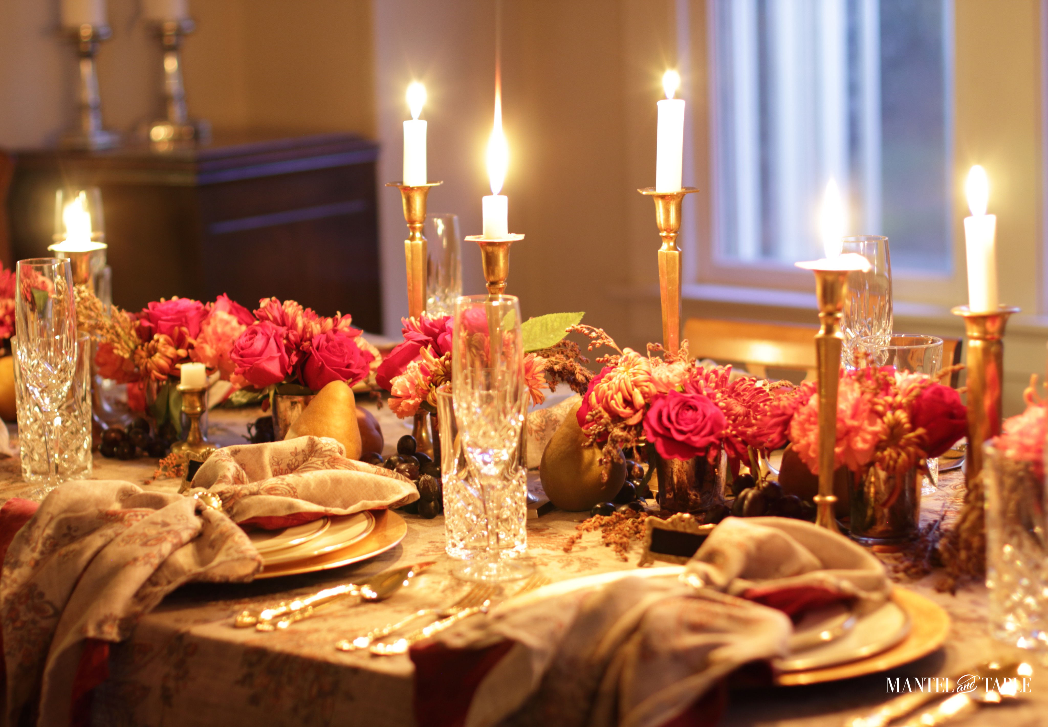 Thanksgiving Tablescape - full table with lighted candles