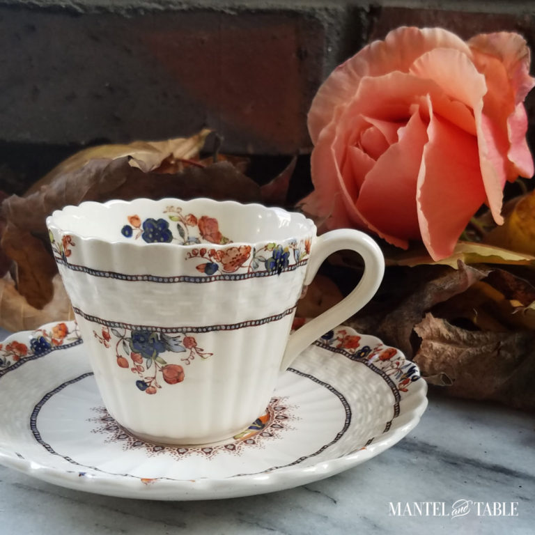 Spode teacup and saucer with fall leaves and peach rose