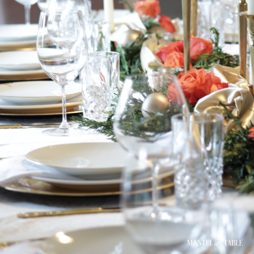 Gold satin tablescape with white and gold dishes