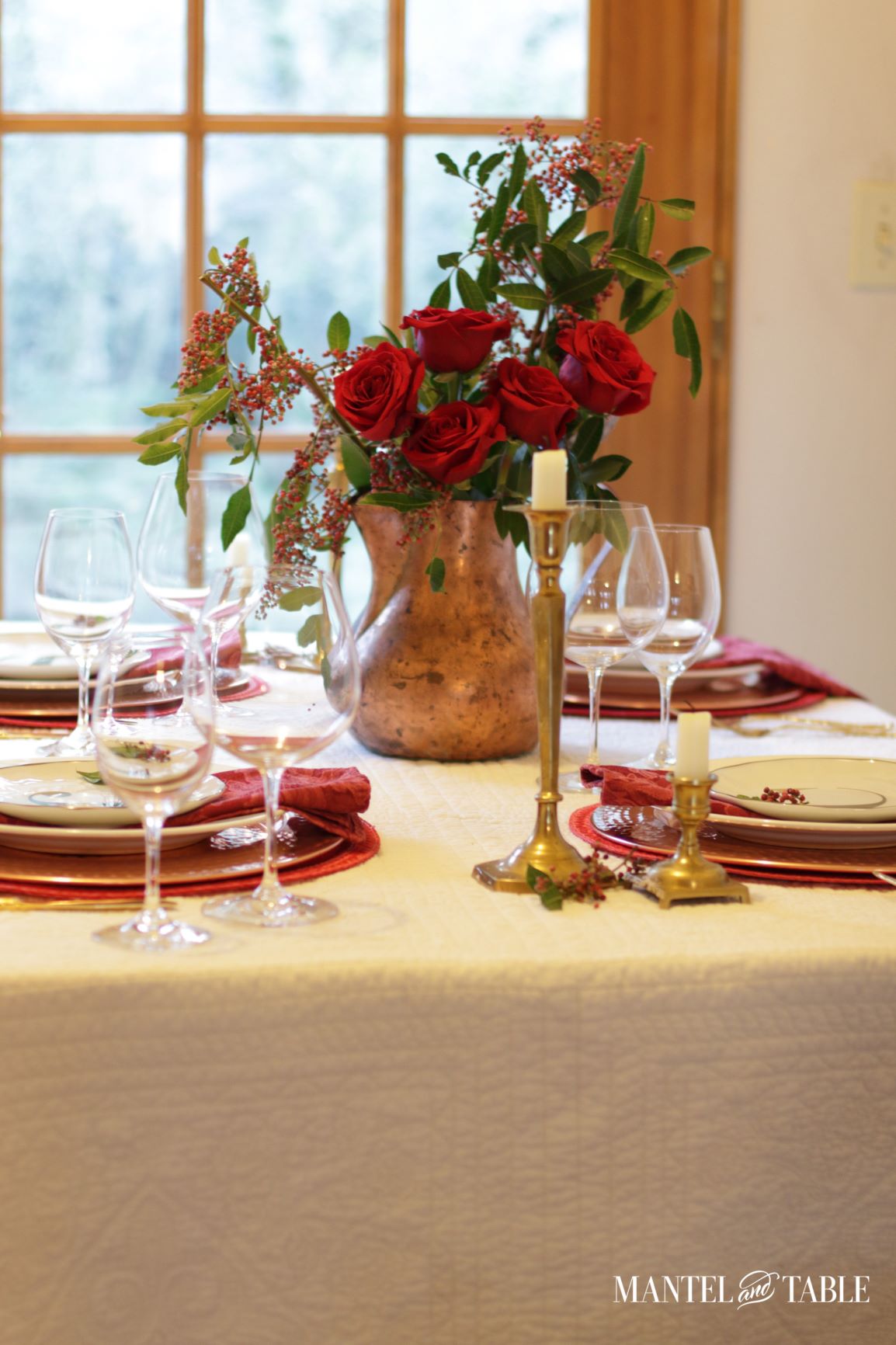 Christmas Tablescape ~ matelasse coverlet tablecloth