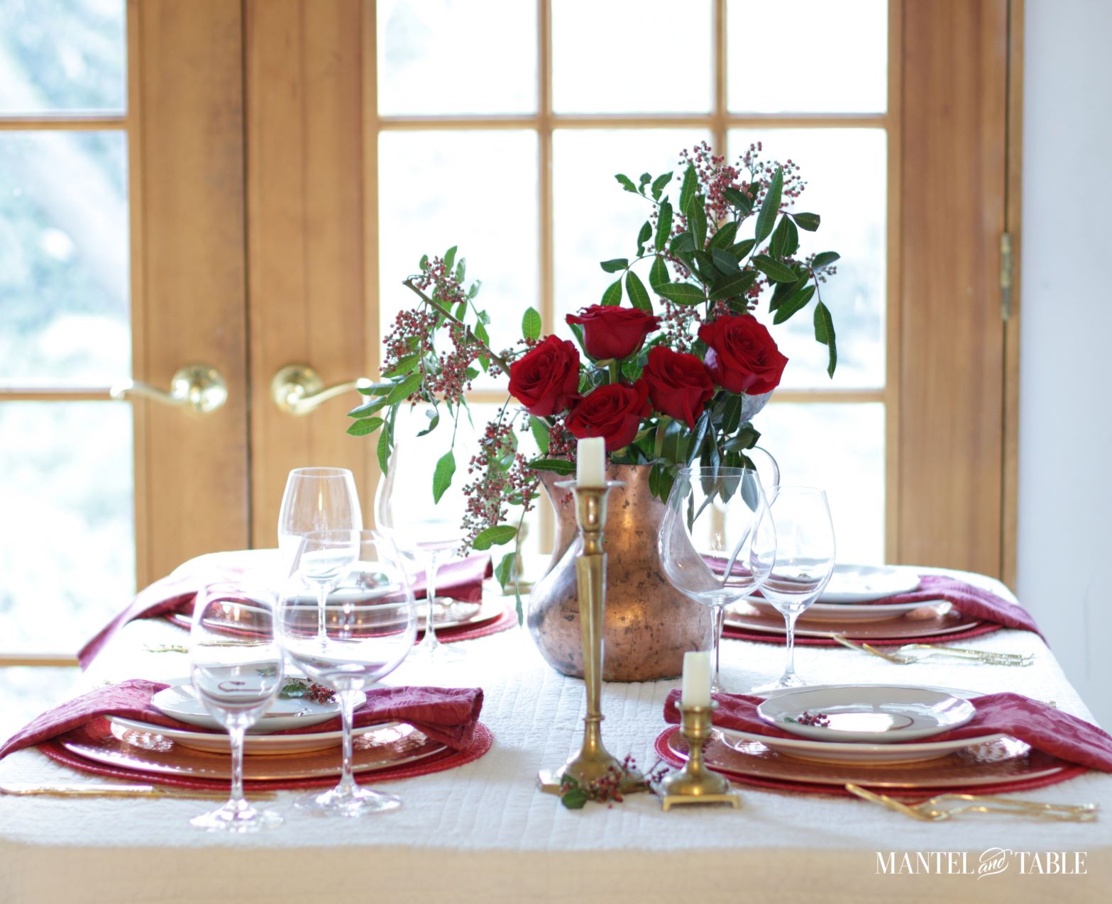 Christmas Tablescape ~ full table side view, bright.