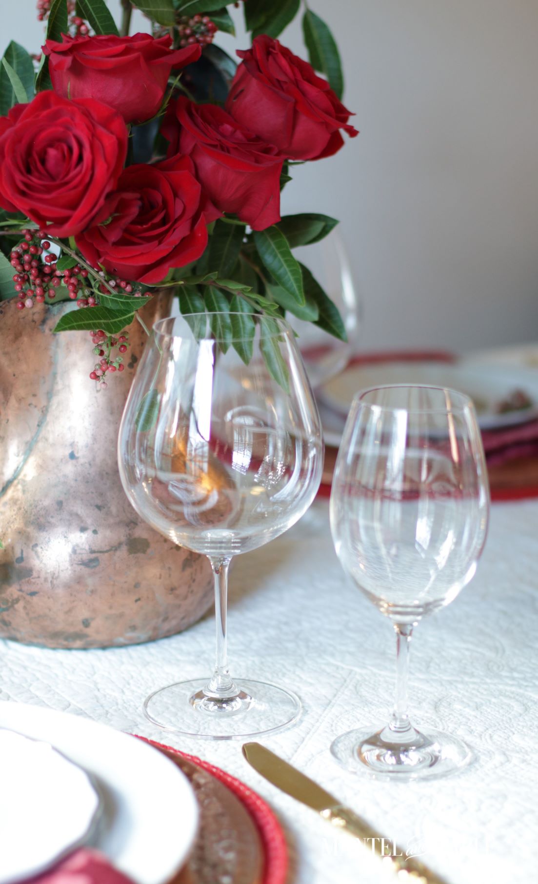 Christmas Tablescape ~ Riedel wine glasses close up
