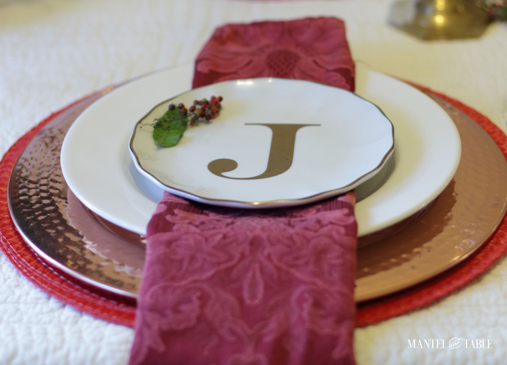 Christmas Tablescape ~ J monogrammed plate on top or plate stack