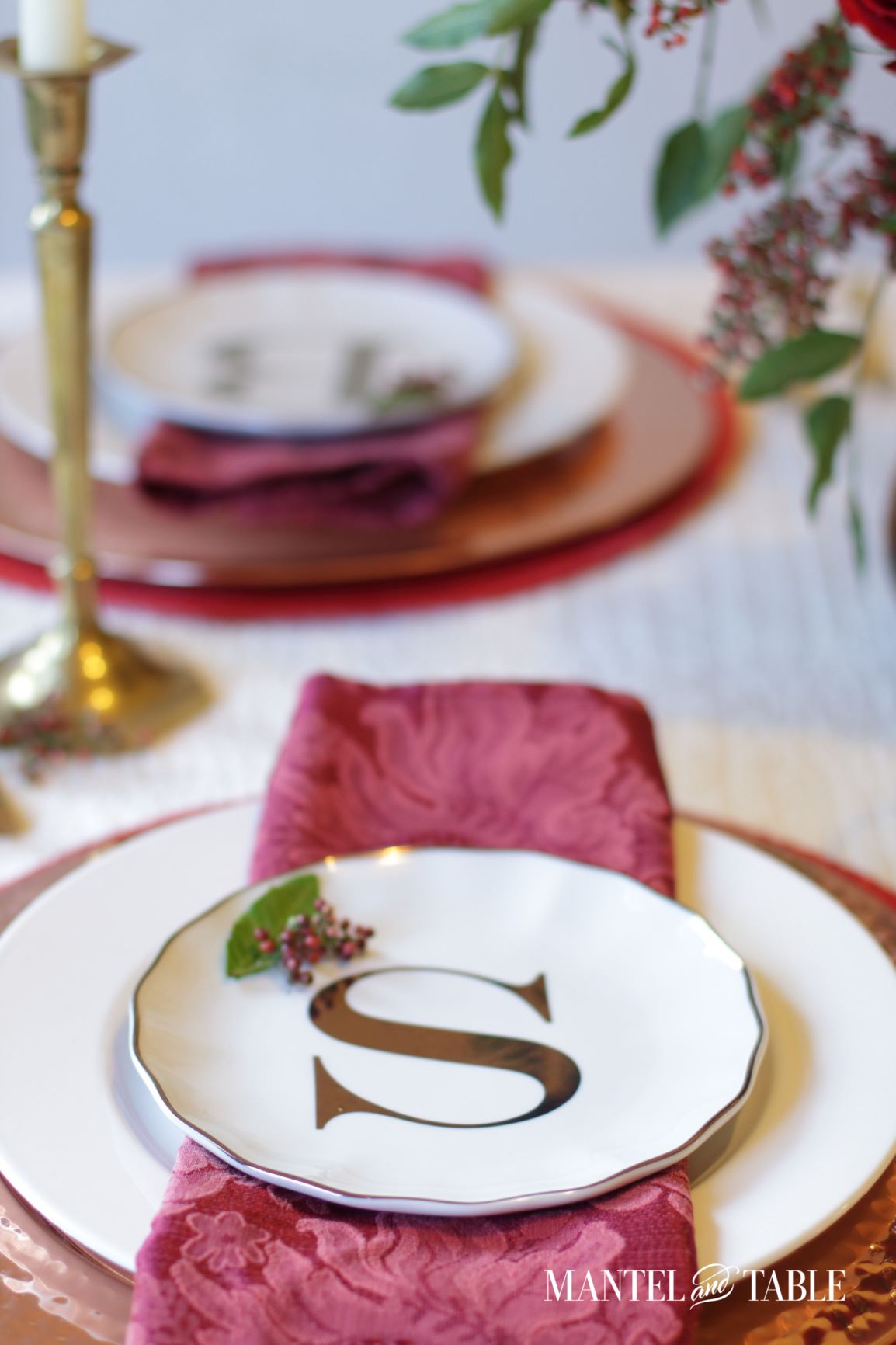 Christmas Tablescape ~ Monogrammed S salad plate with pepperberry decoration