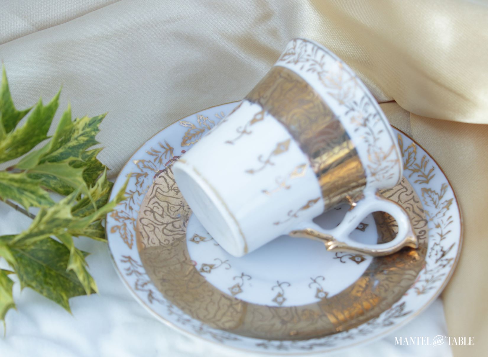 What and gold Wales Teacup with cup lying on saucer