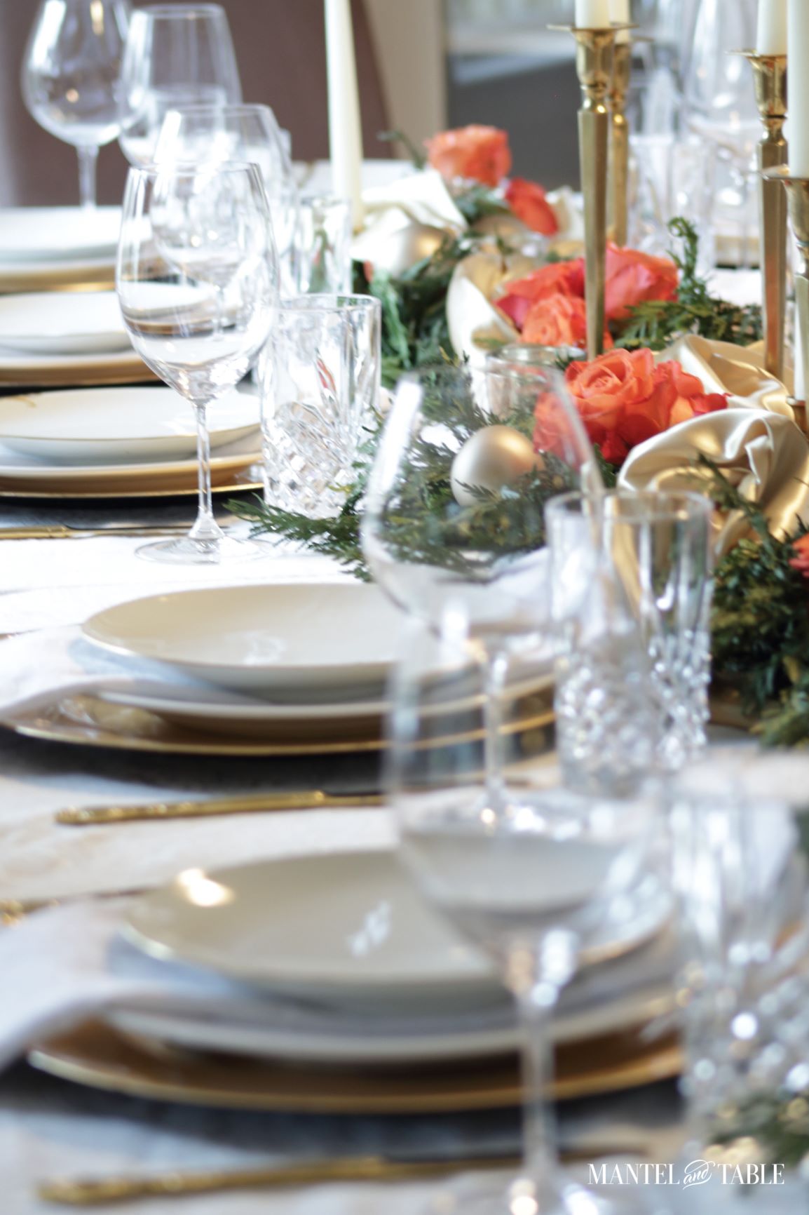 Gold satin tablescape - one side of the table
