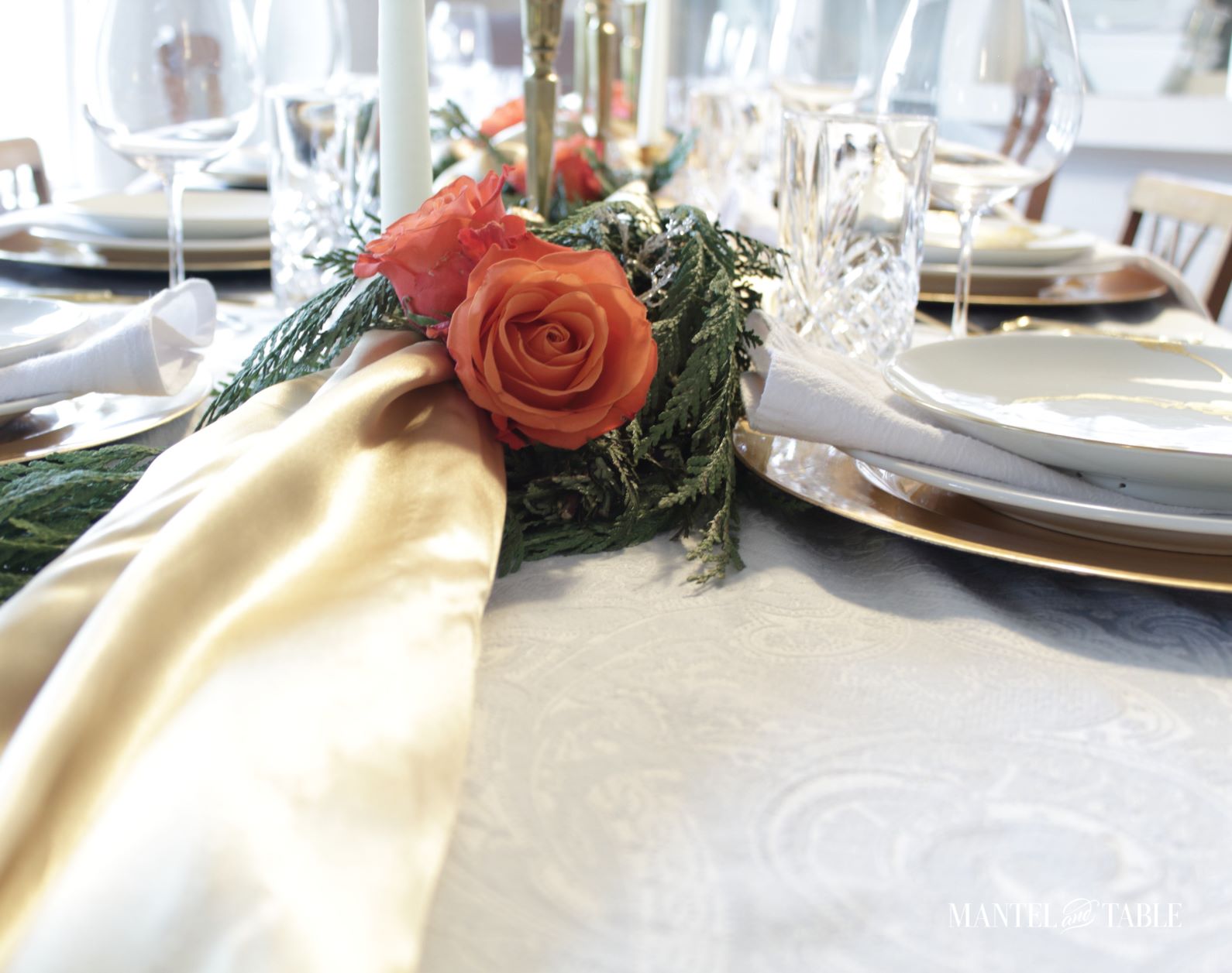 Gold Satin in peach rose evergreen garland centerpiece