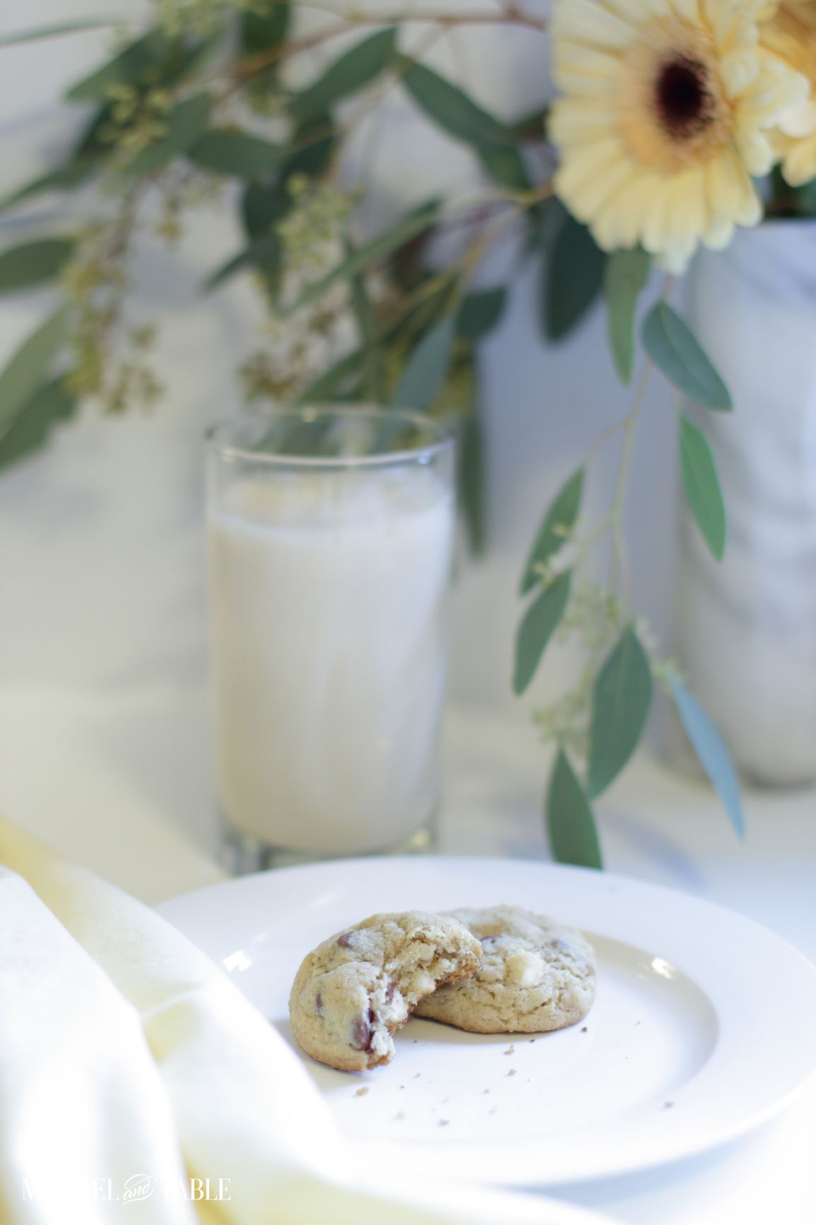 Best Chocolate Chip Cookies ~ two cookies on a plate, one with a bite! Glass of milk.