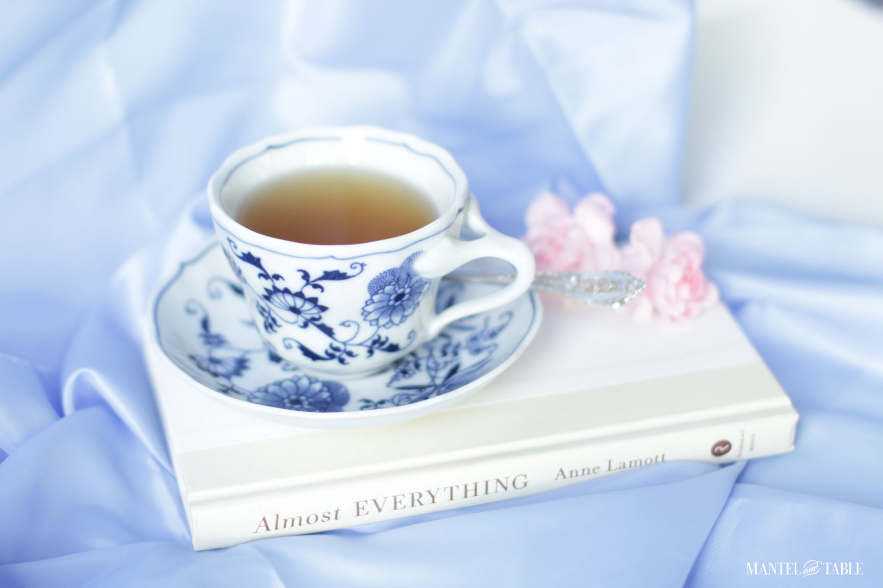 Tea in blue & white teacup.