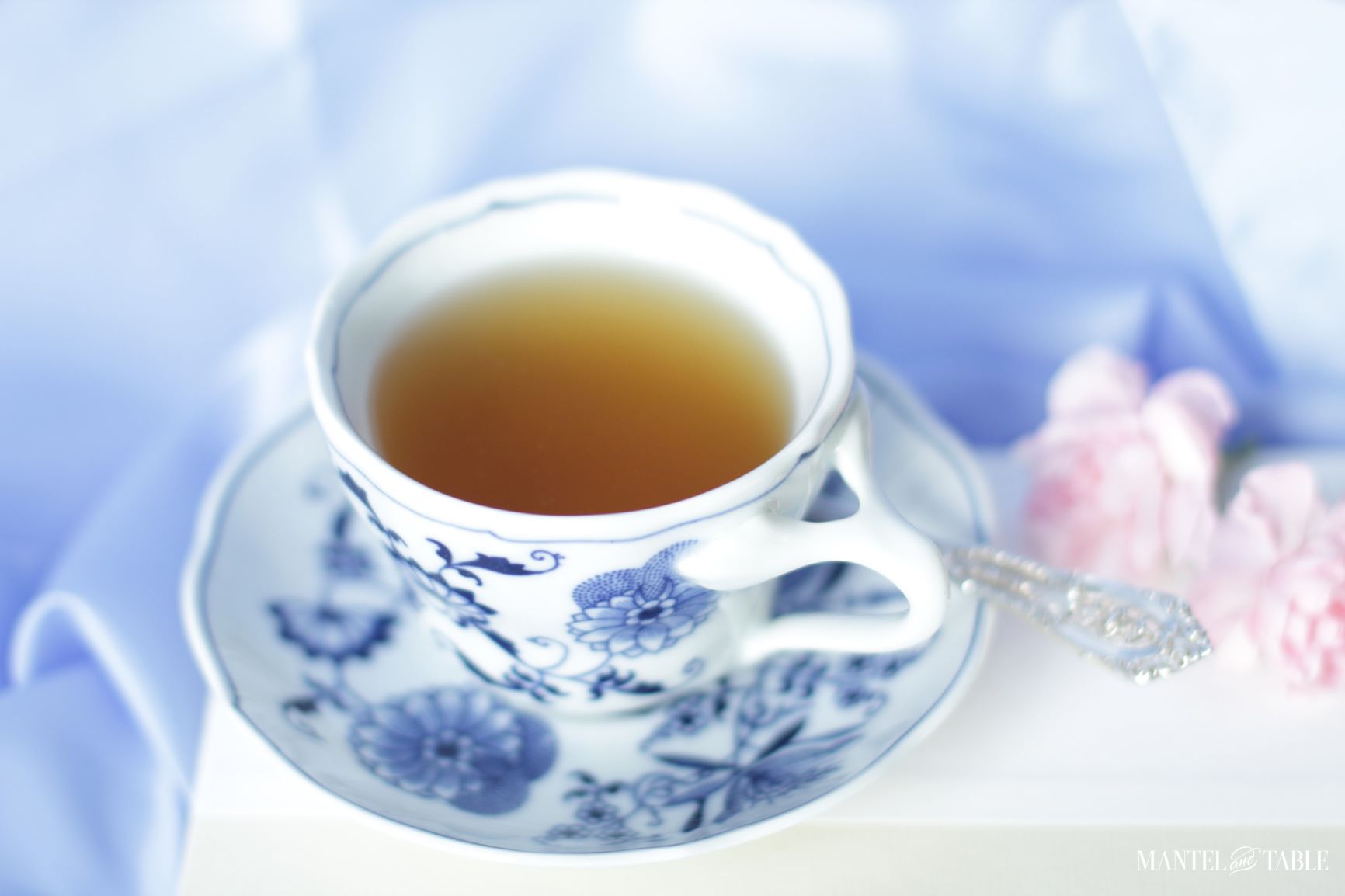 Closeup of tea in Blue Danube teacup