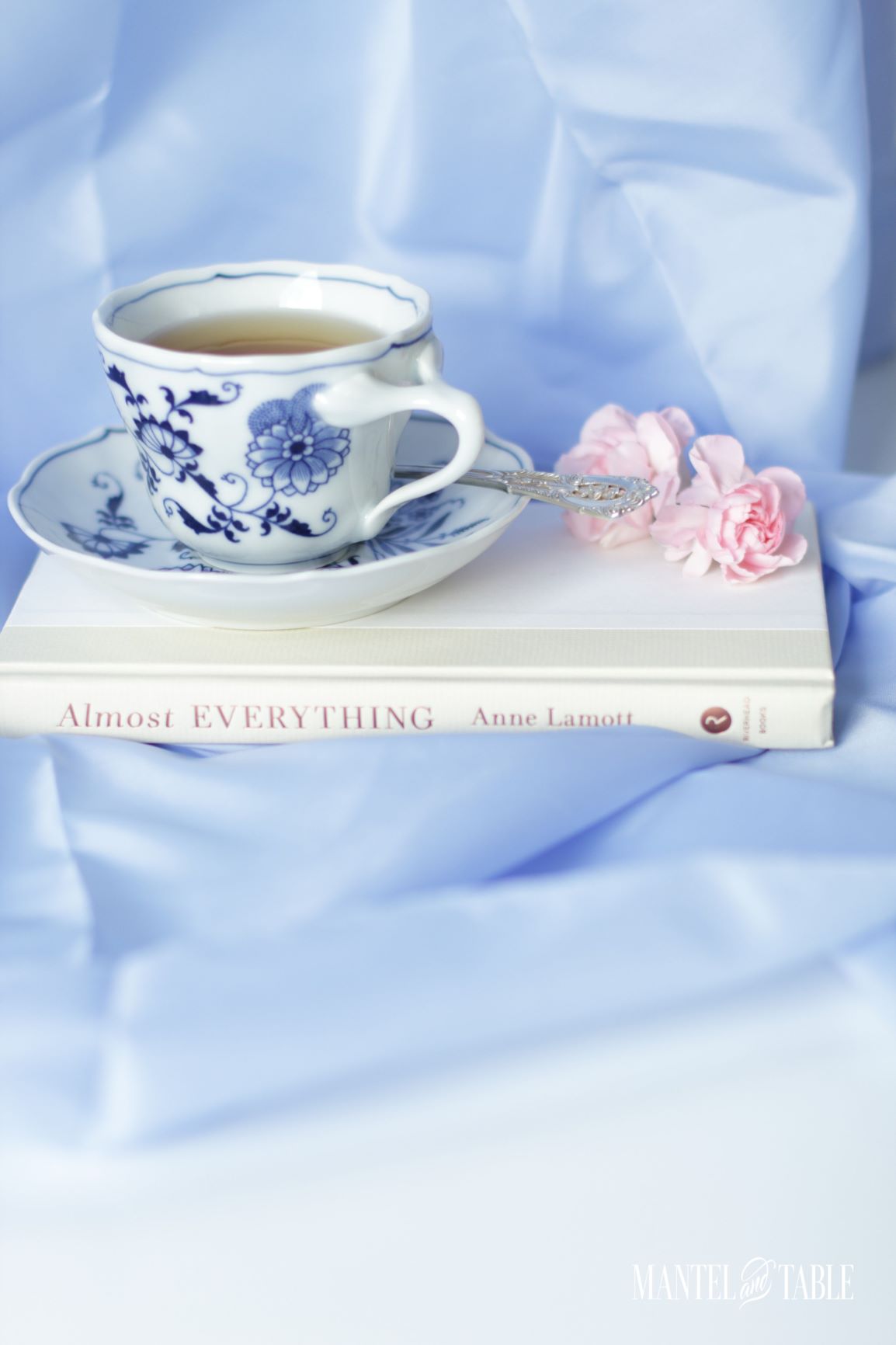 Blue Danube teacup and saucer on book. Pink flowers & silver spoon