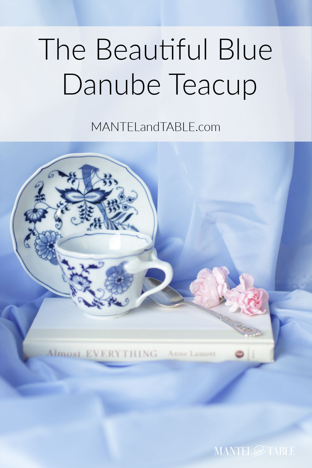 Blue Danube Teacup & saucer on book with pink flowers
