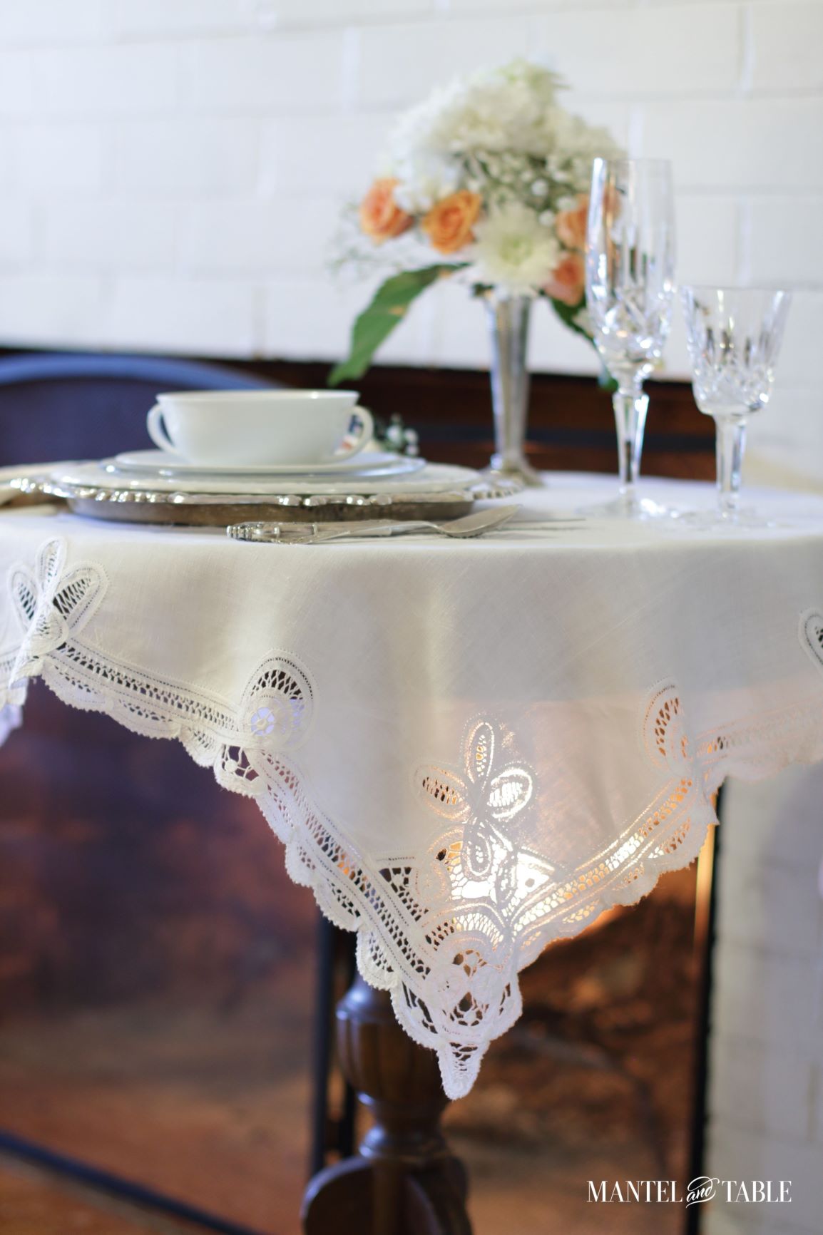 Table Setting for One ~ closeup of tablecloth cutwork