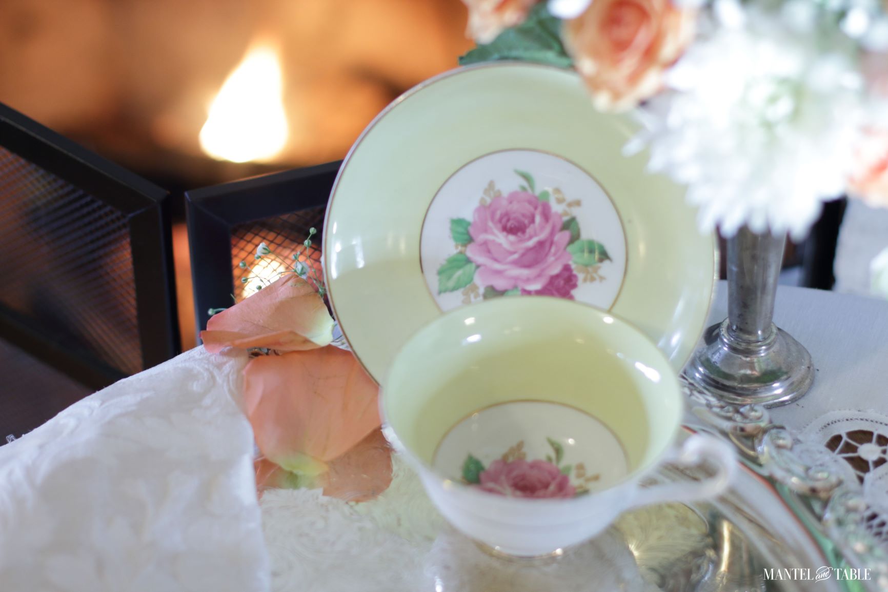 Rosina China Teacup ~ in front of a fireplace