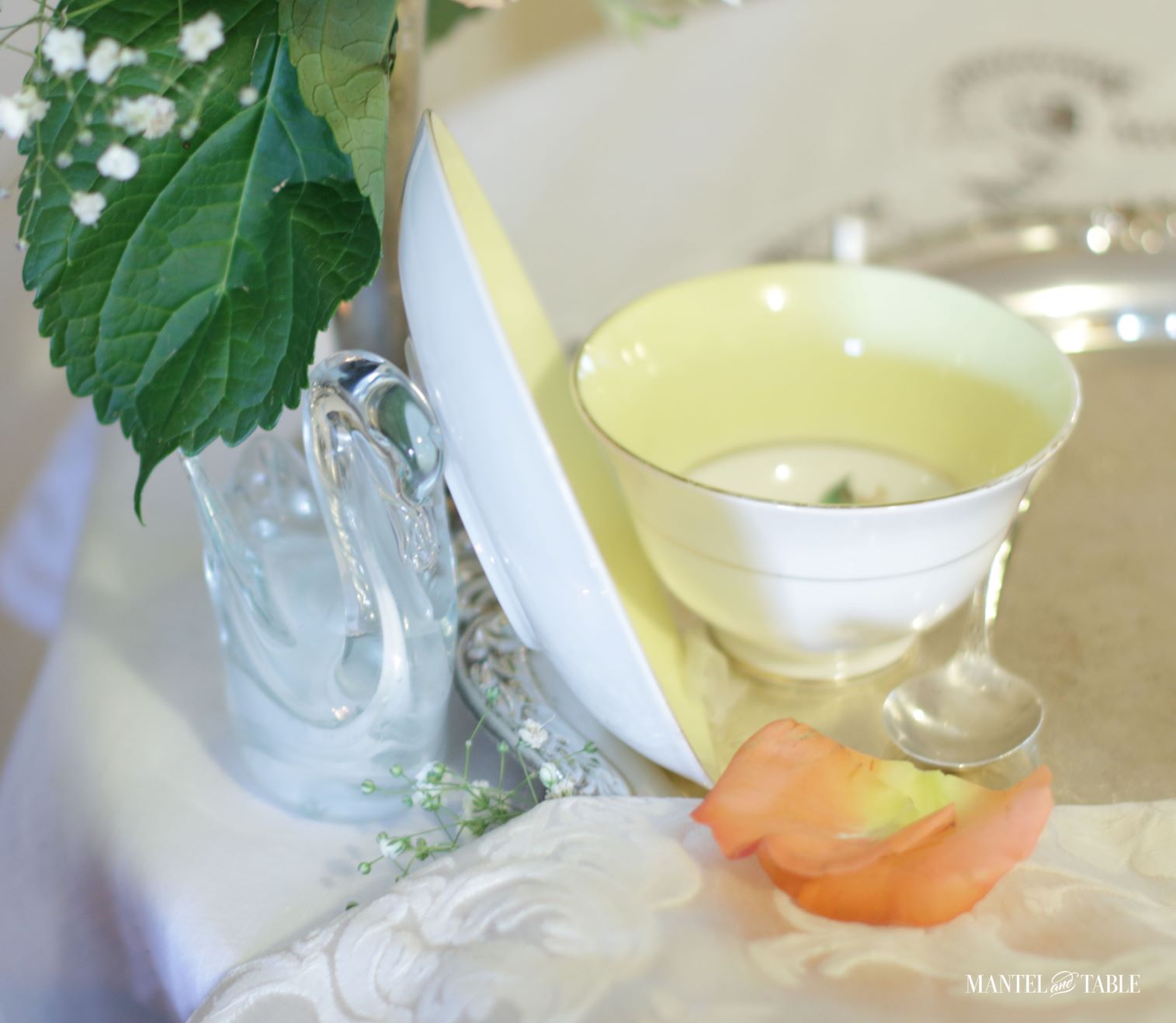Rosina China Teacup , saucer leaning against crystal swan