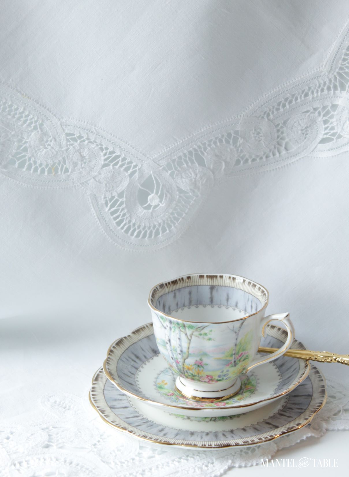 Silver Birch teacup set on white lace background
