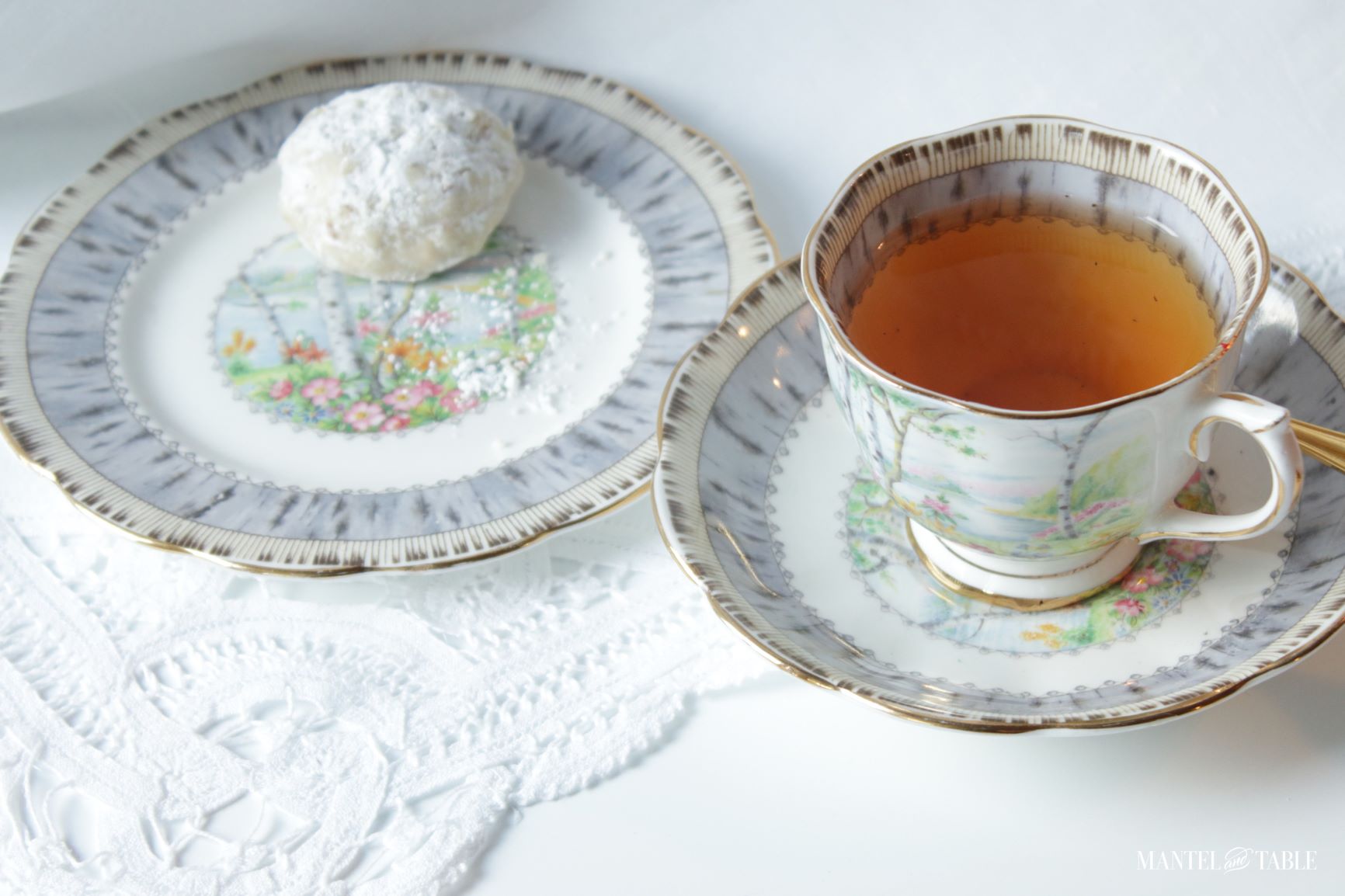 Silver Birch teacup set with tea and cookie