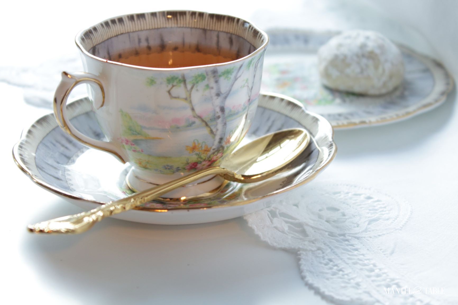 Silver Birch teacup set with white sugared tea cookie.