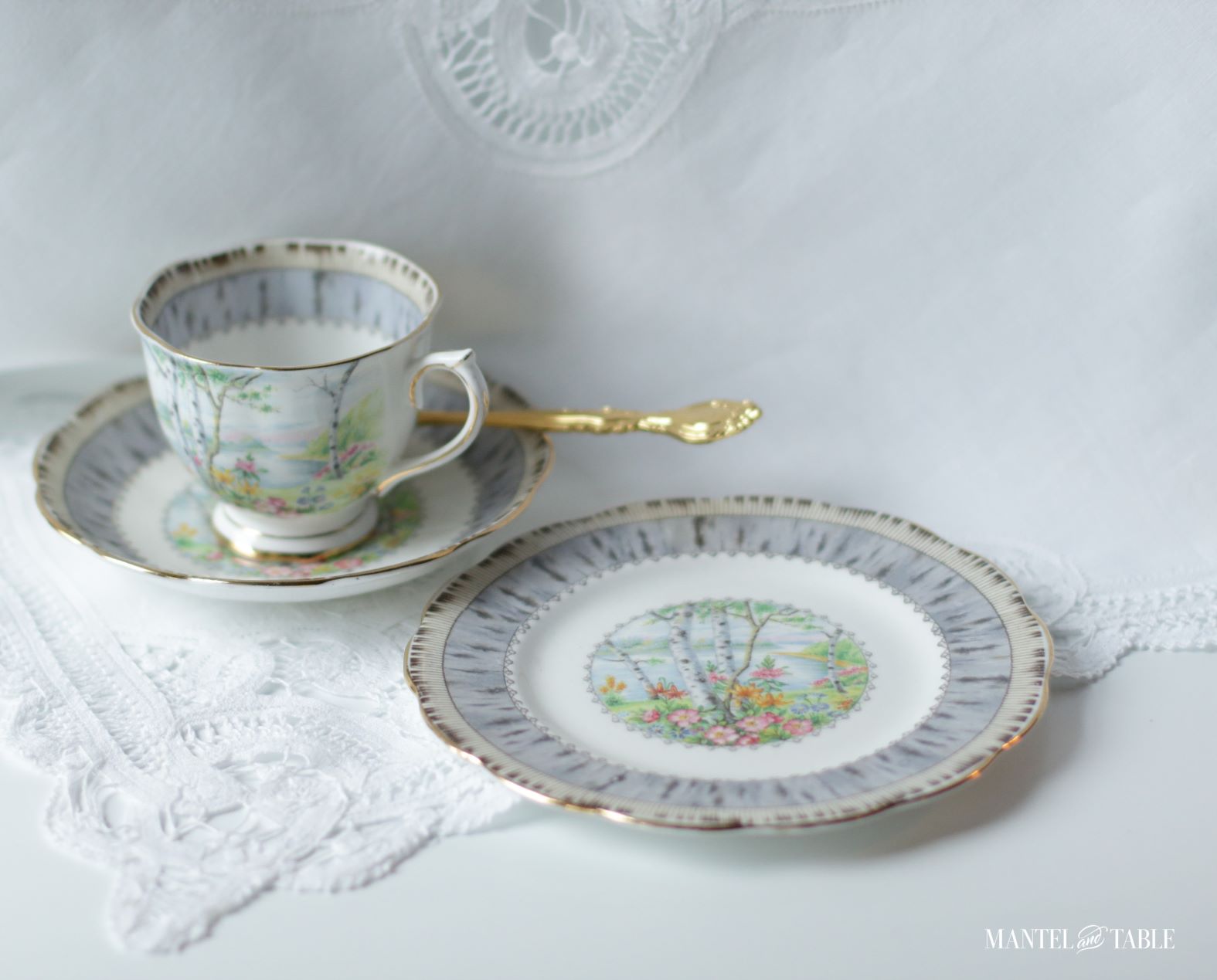 Silver Birch teacup set ~ dessert plate detail