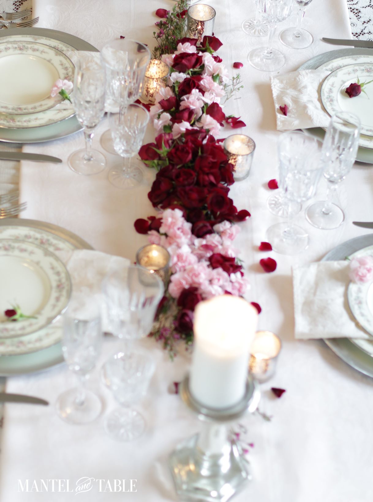 Valentines Tablescape Double Date ~ Four place settings on a table with floral centerpiece.