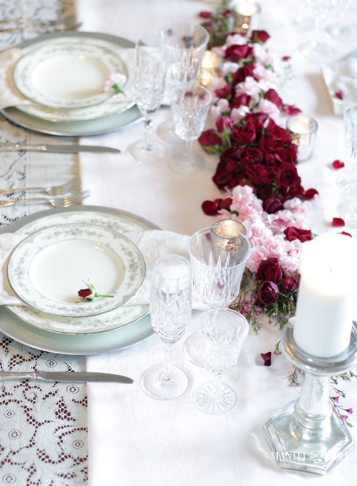 Valentines Tablescape Double Date ~ Four place settings on a table with floral centerpiece.