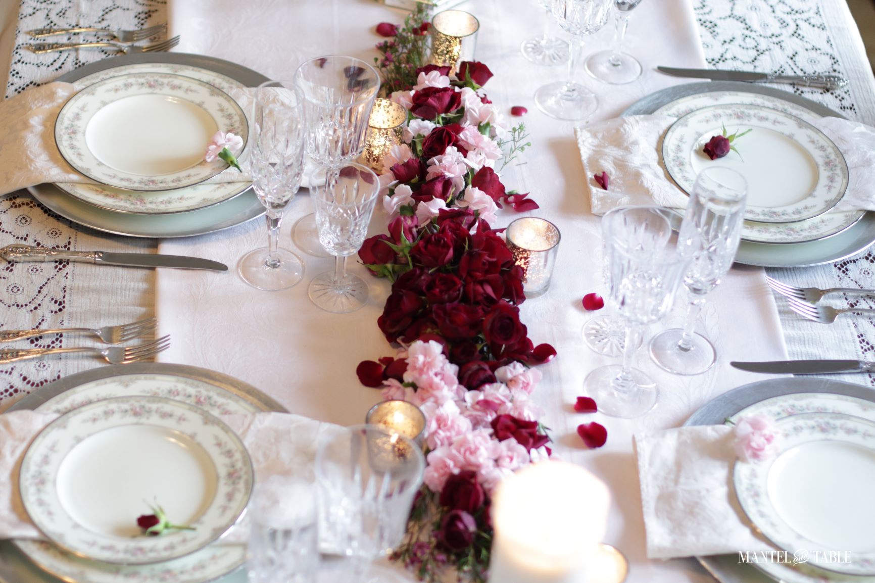 Valentines Tablescape Double Date ~ Four place settings on a table with floral centerpiece.