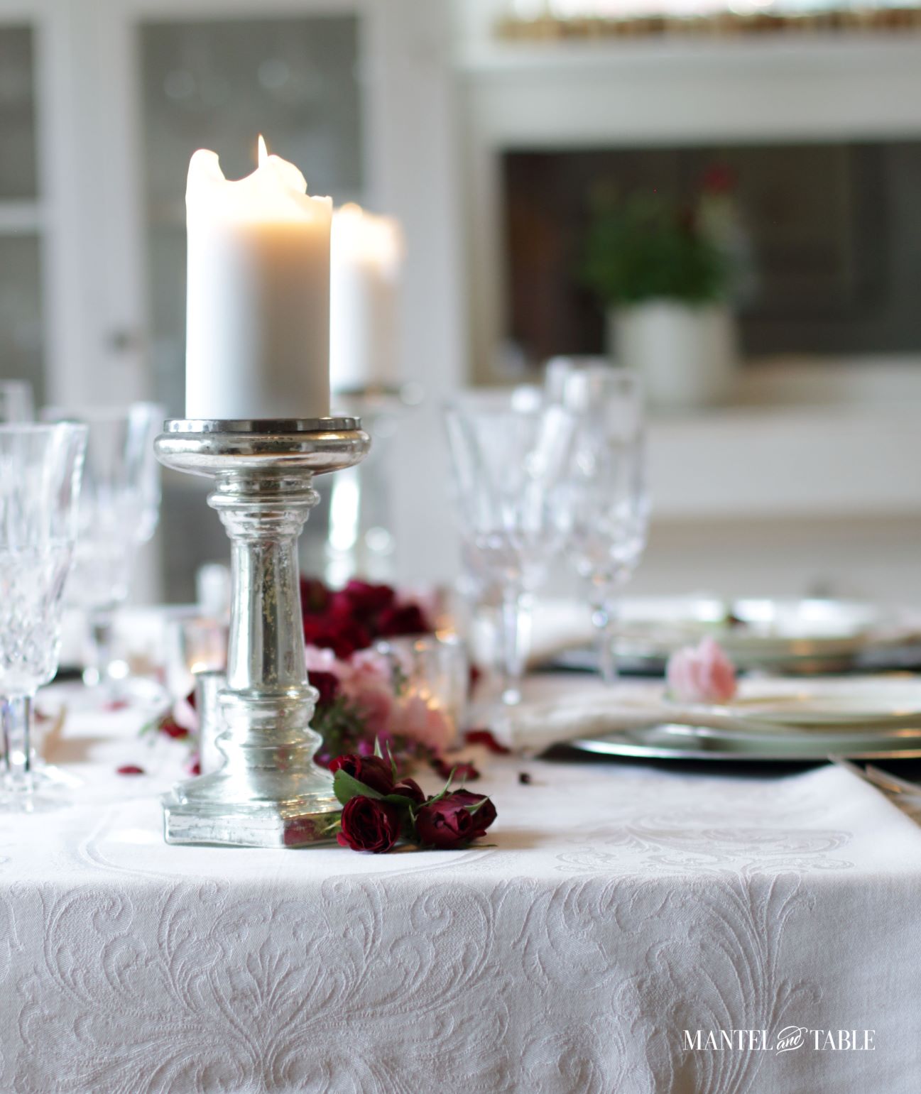 Valentines Tablescape Double Date ~ Four place settings on a table with floral centerpiece. and candles.