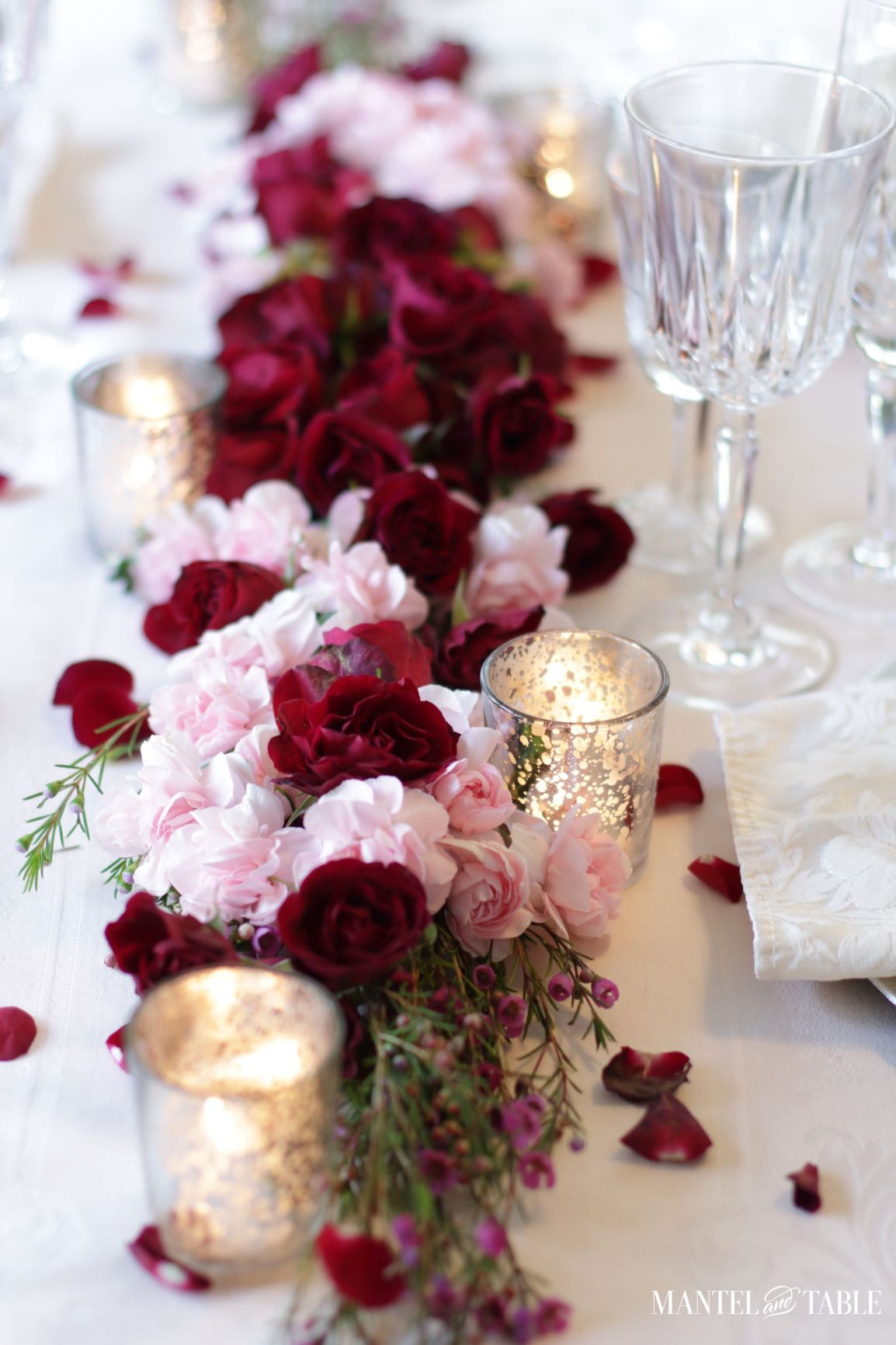 Valentines Tablescape Double Date ~ Four place settings on a table with floral centerpiece.