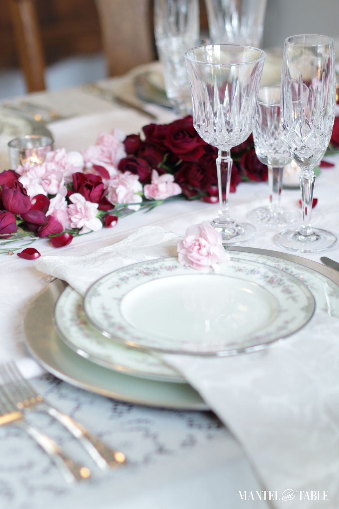Valentines Tablescape Double Date ~ Four place settings on a table with floral centerpiece.
