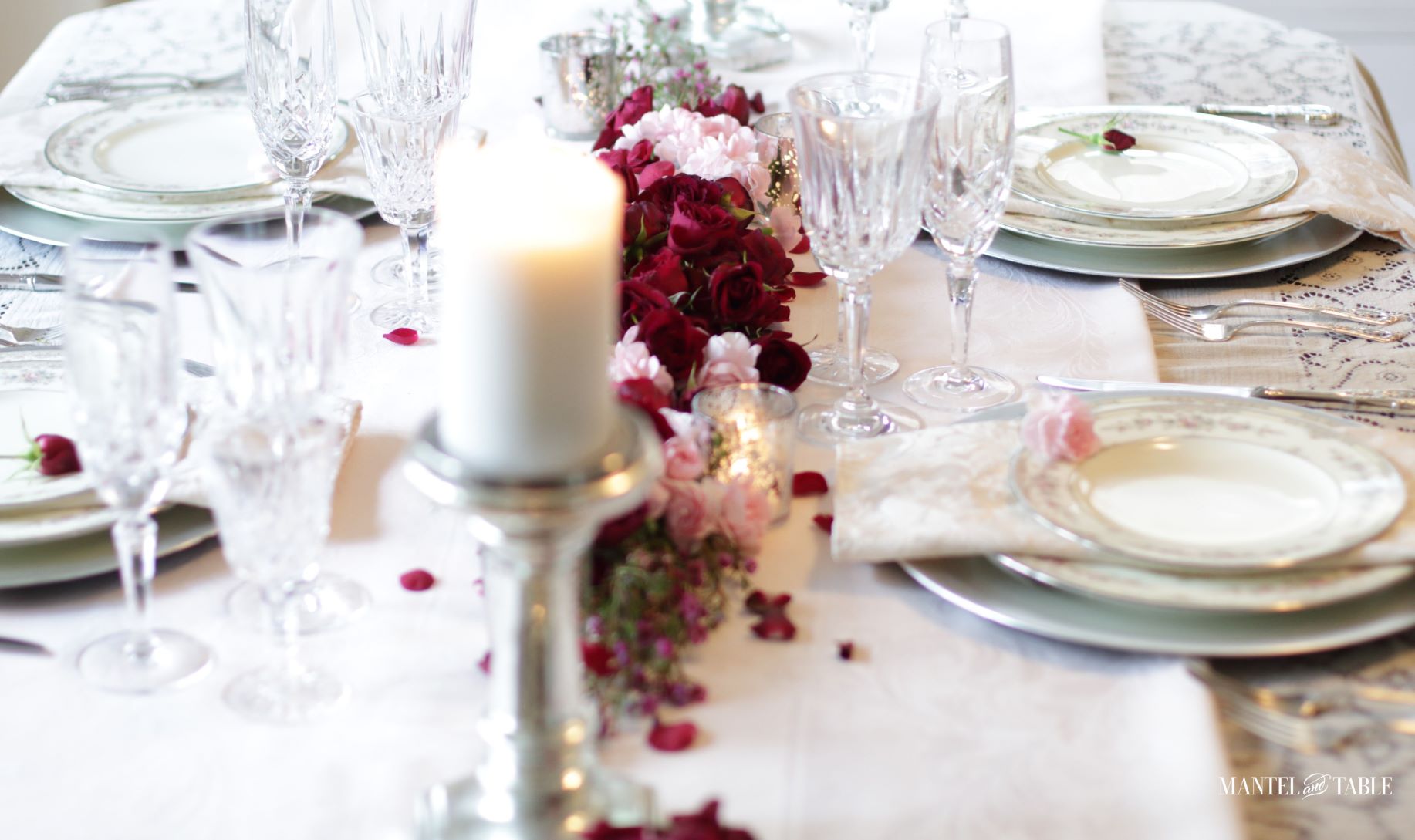 Valentines Tablescape Double Date ~ Four place settings on a table with floral centerpiece.