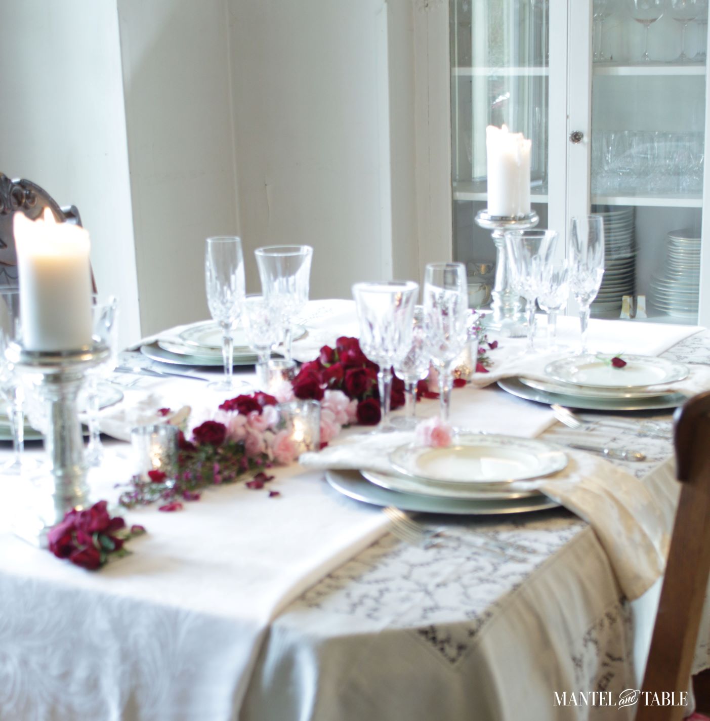 Valentines Tablescape Double Date ~ Four place settings on a table with floral centerpiece.